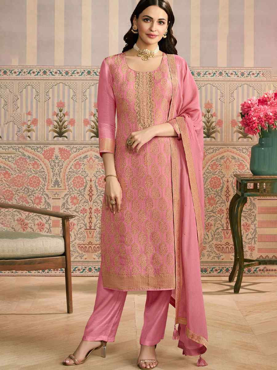 Peach Heavy Simar Jequard Silk Embroidered Festival Wedding Pant Salwar Kameez