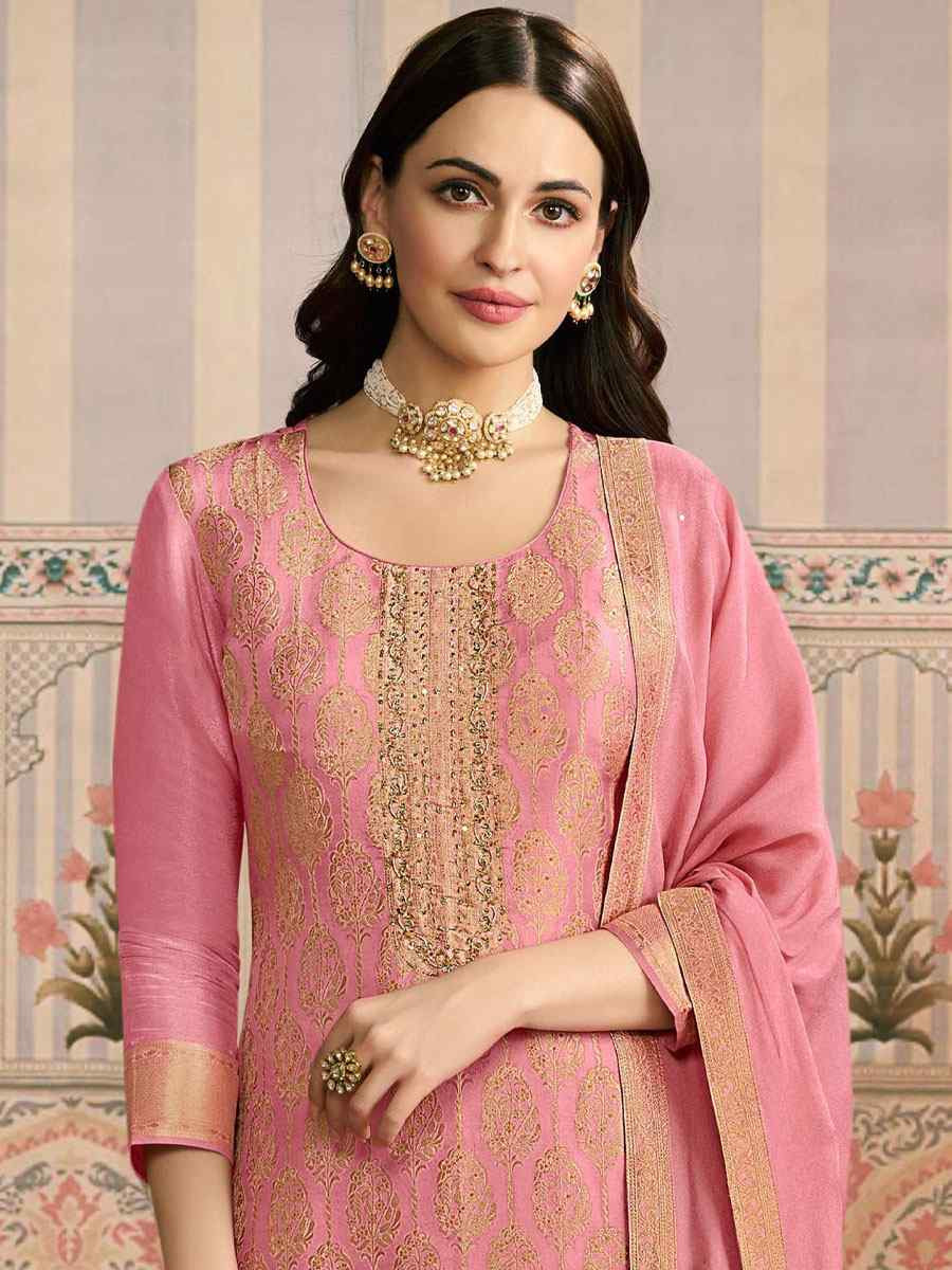 Peach Heavy Simar Jequard Silk Embroidered Festival Wedding Pant Salwar Kameez