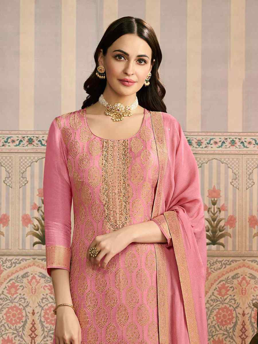 Peach Heavy Simar Jequard Silk Embroidered Festival Wedding Pant Salwar Kameez
