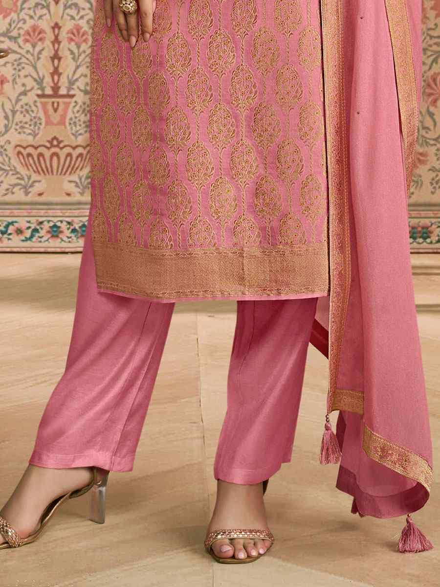 Peach Heavy Simar Jequard Silk Embroidered Festival Wedding Pant Salwar Kameez