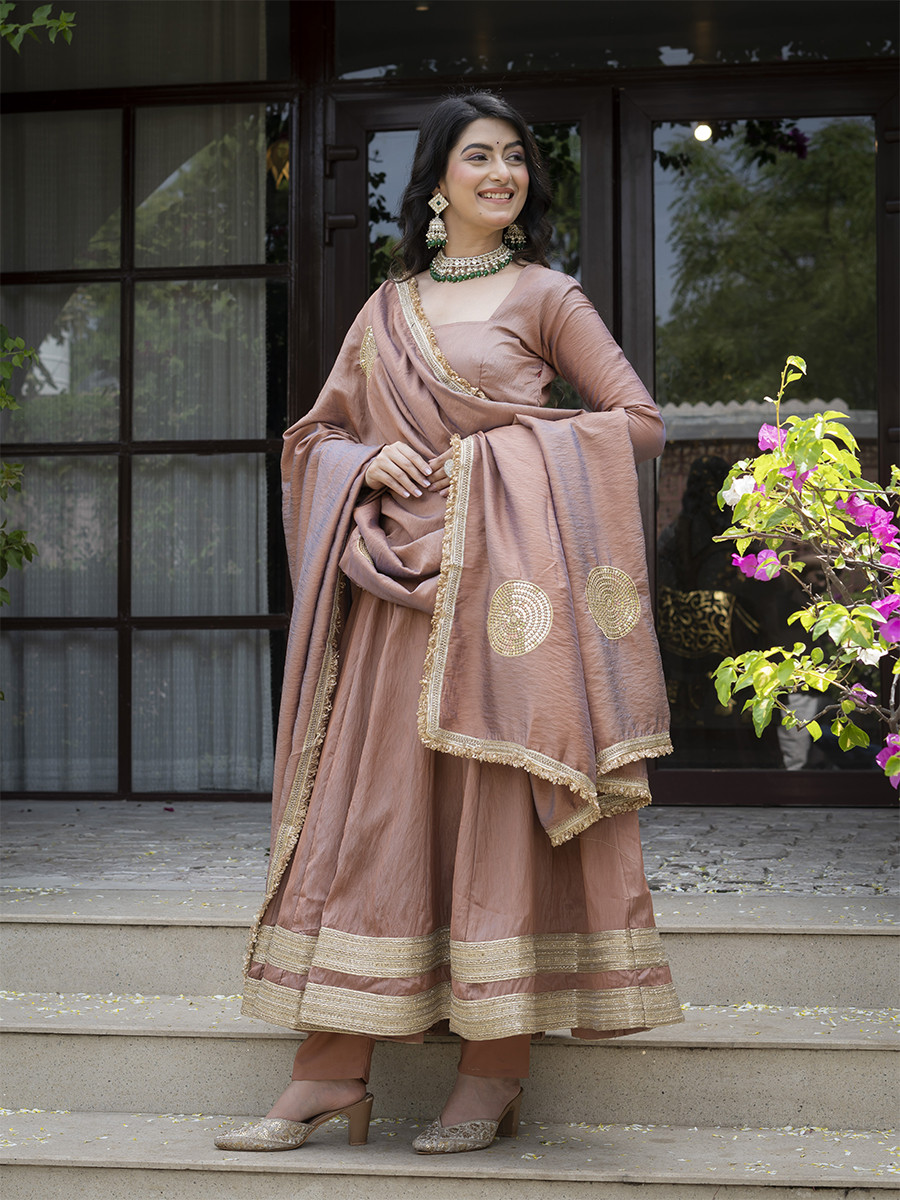 Peach Heavy Vichitra Embroidery Lace Work Wedding Party Festival Casual Ready Anarkali Pant Salwar Kameez