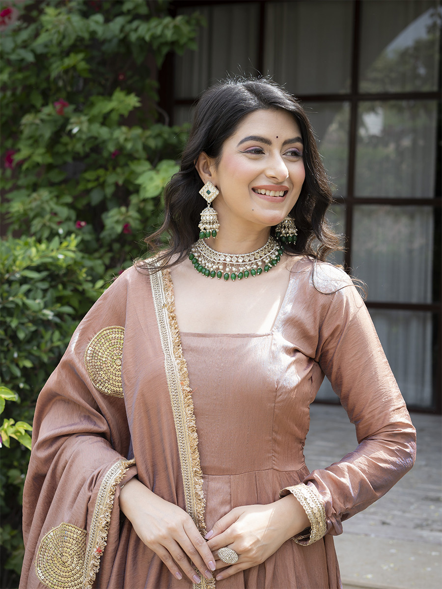Peach Heavy Vichitra Embroidery Lace Work Wedding Party Festival Casual Ready Anarkali Pant Salwar Kameez