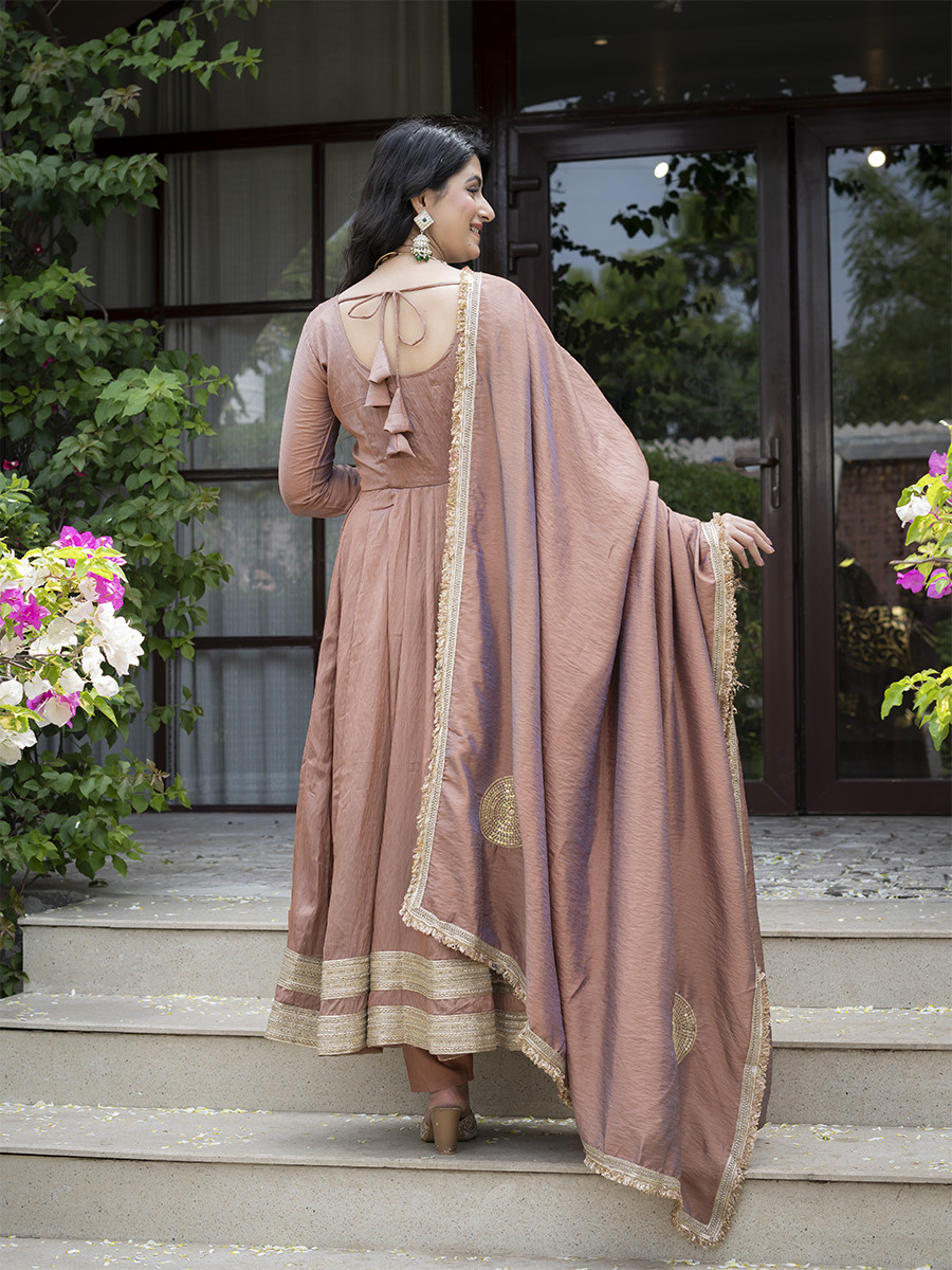 Peach Heavy Vichitra Embroidery Lace Work Wedding Party Festival Casual Ready Anarkali Pant Salwar Kameez