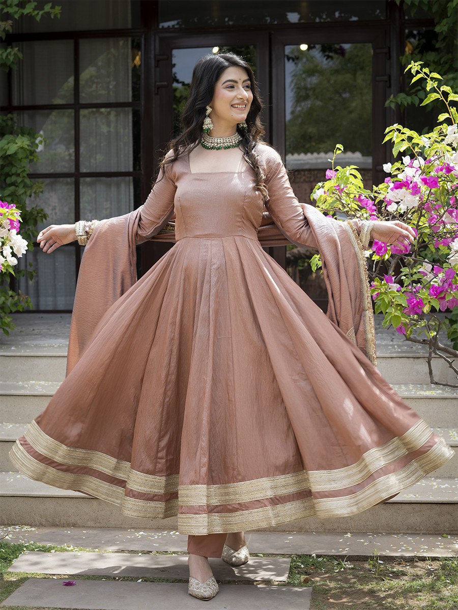 Peach Heavy Vichitra Embroidery Lace Work Wedding Party Festival Casual Ready Anarkali Pant Salwar Kameez