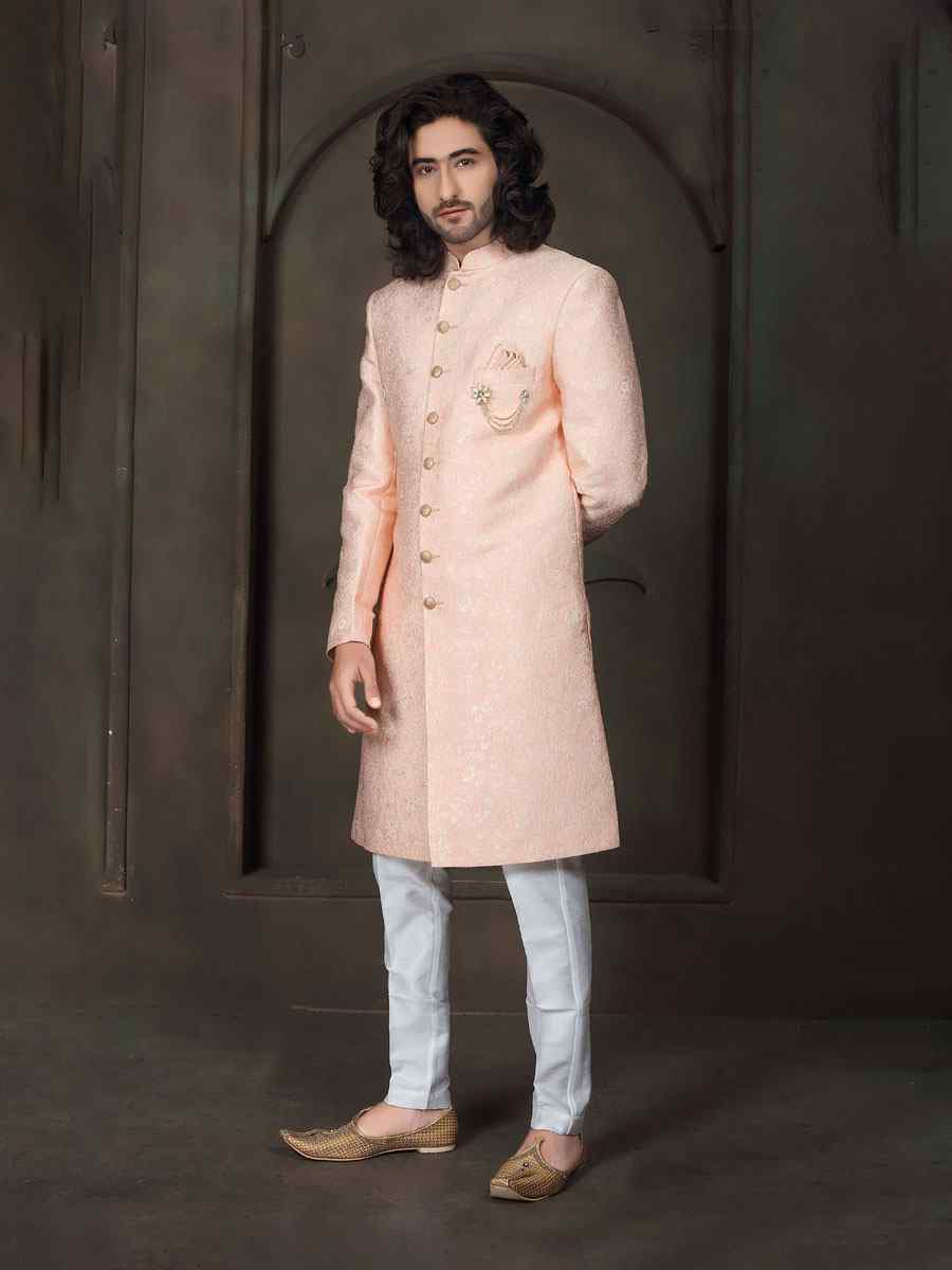 Peach Imported Embroidered Wedding Party Sherwani