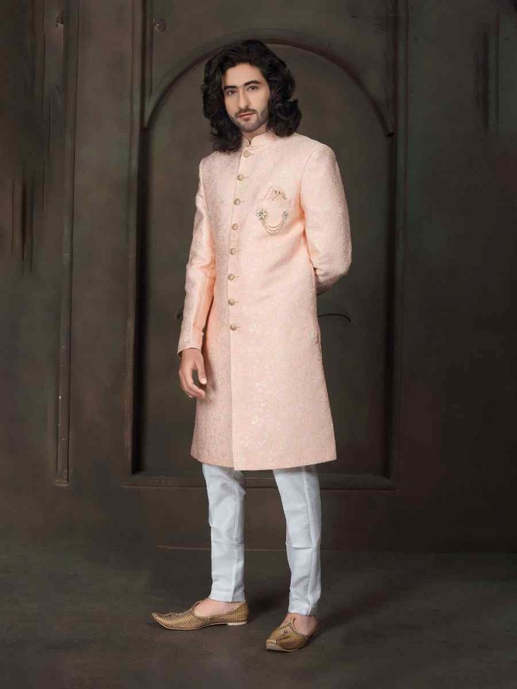 Peach Imported Embroidered Wedding Party Sherwani