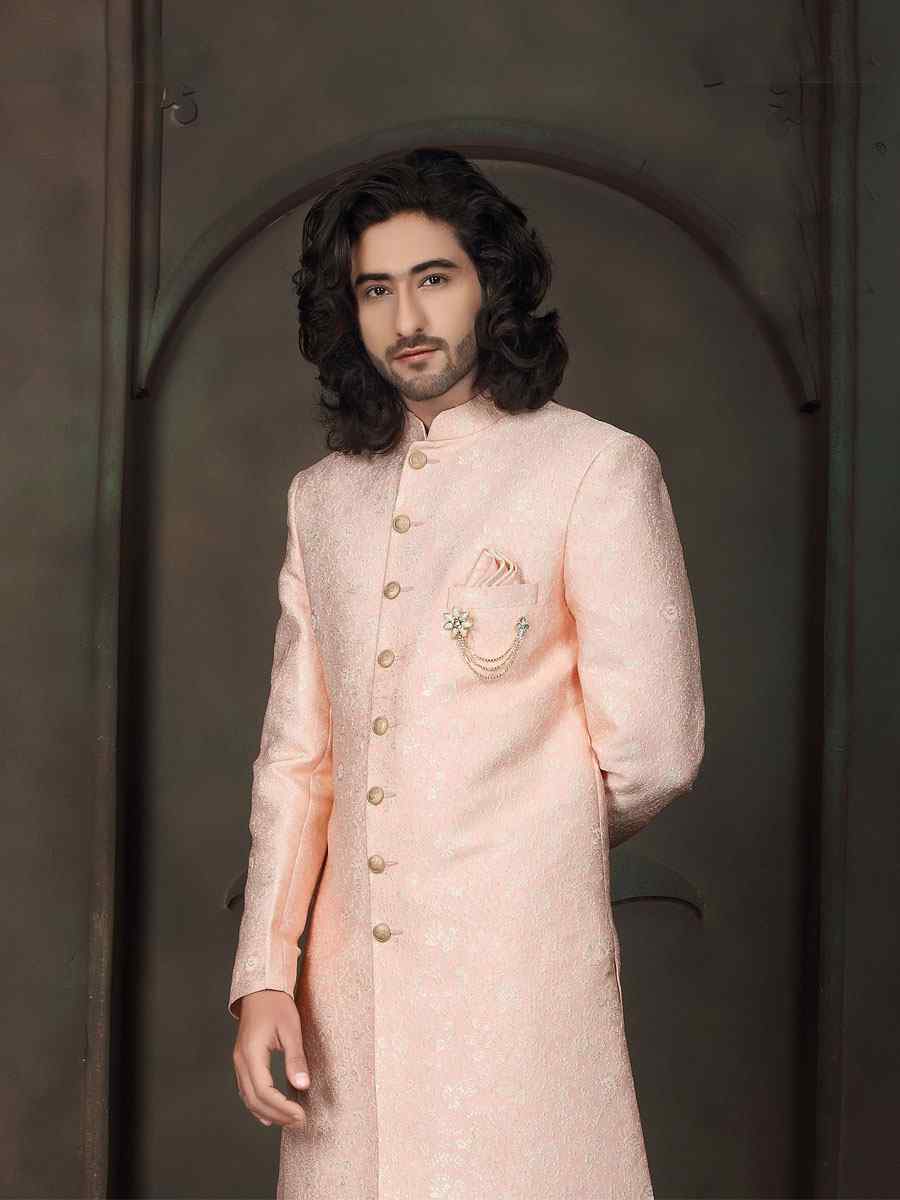 Peach Imported Embroidered Wedding Party Sherwani
