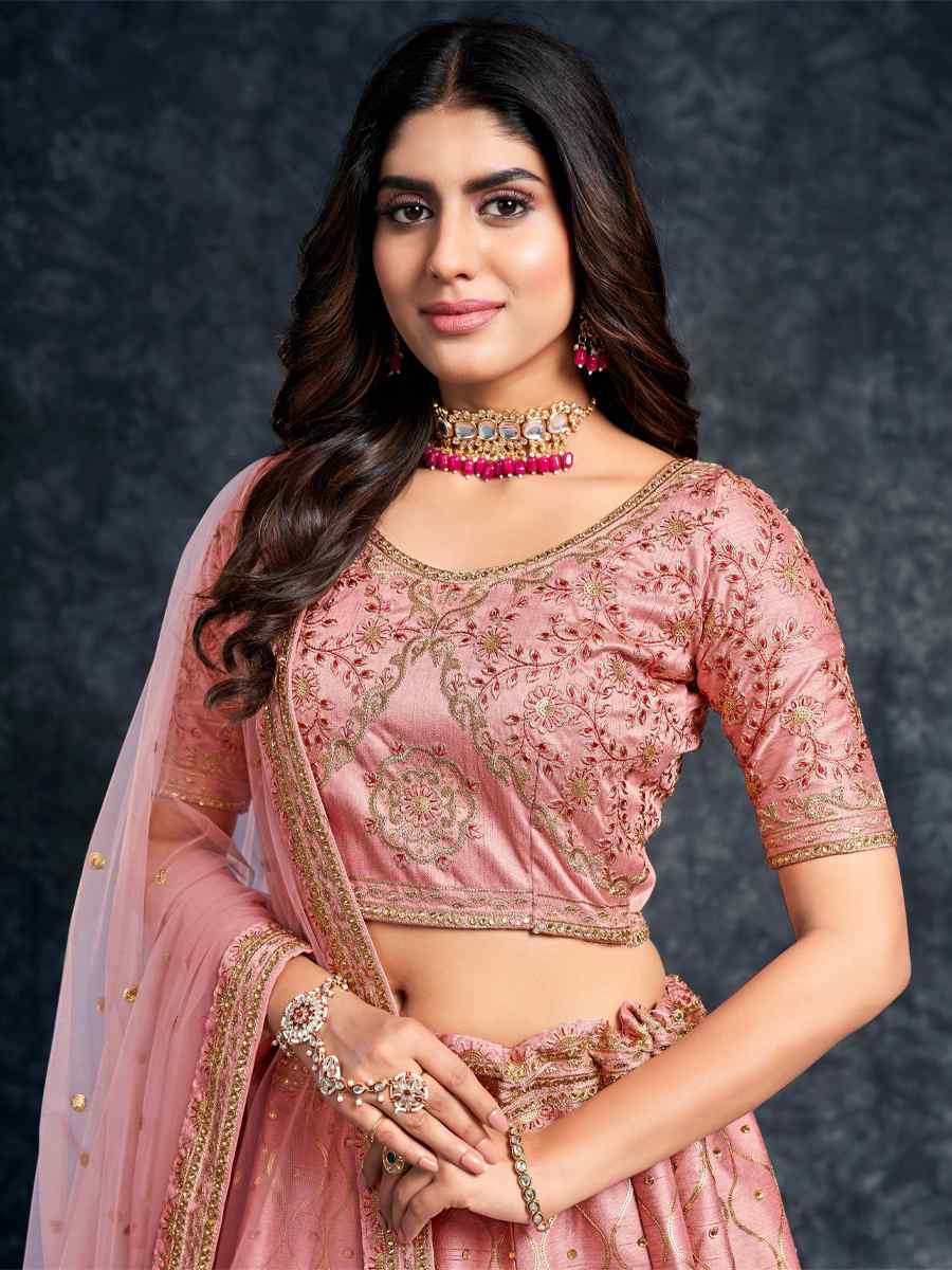 Peach Italian Silk Embroidered Wedding Festival Heavy Border Lehenga Choli