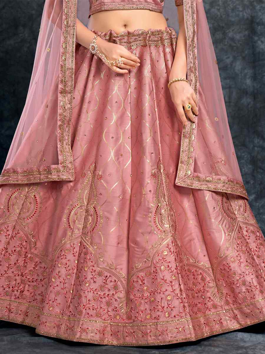 Peach Italian Silk Embroidered Wedding Festival Heavy Border Lehenga Choli