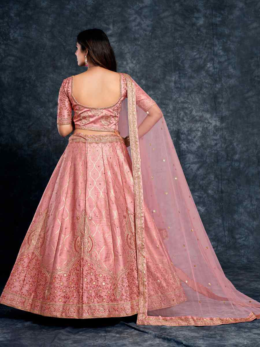 Peach Italian Silk Embroidered Wedding Festival Heavy Border Lehenga Choli