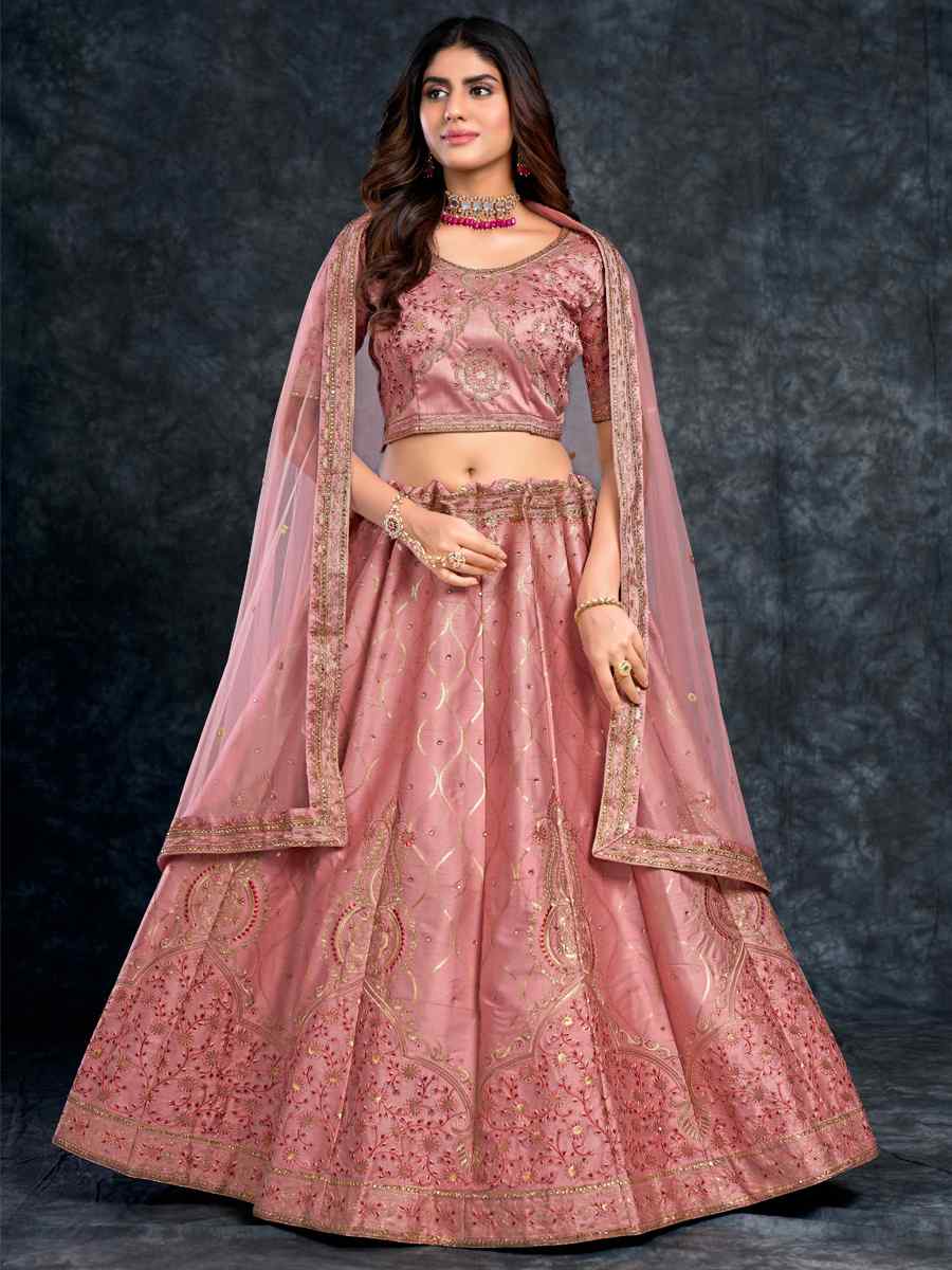 Peach Italian Silk Embroidered Wedding Festival Heavy Border Lehenga Choli