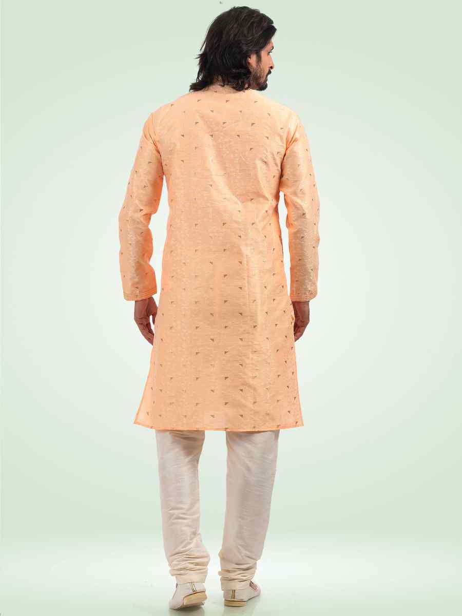 Peach Jacquard Banarasi Silk Woven Festival Party Kurta