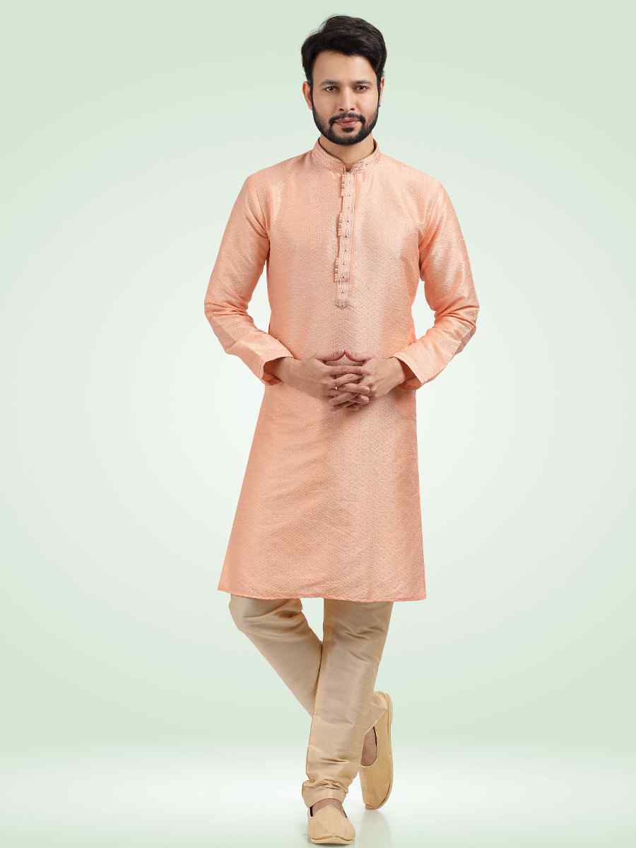 Peach Jacquard Banarasi Silk Woven Festival Party Kurta