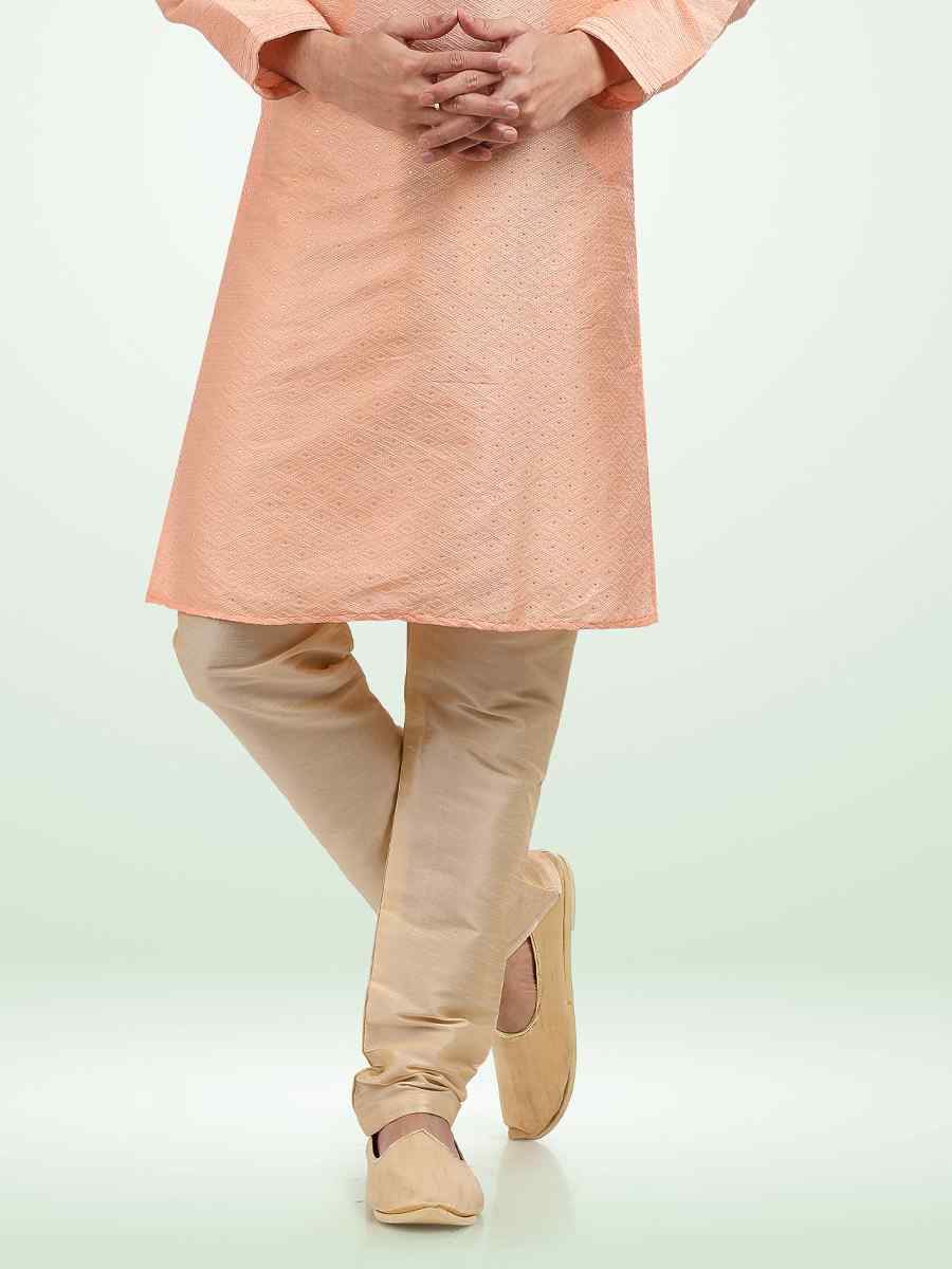 Peach Jacquard Banarasi Silk Woven Festival Party Kurta