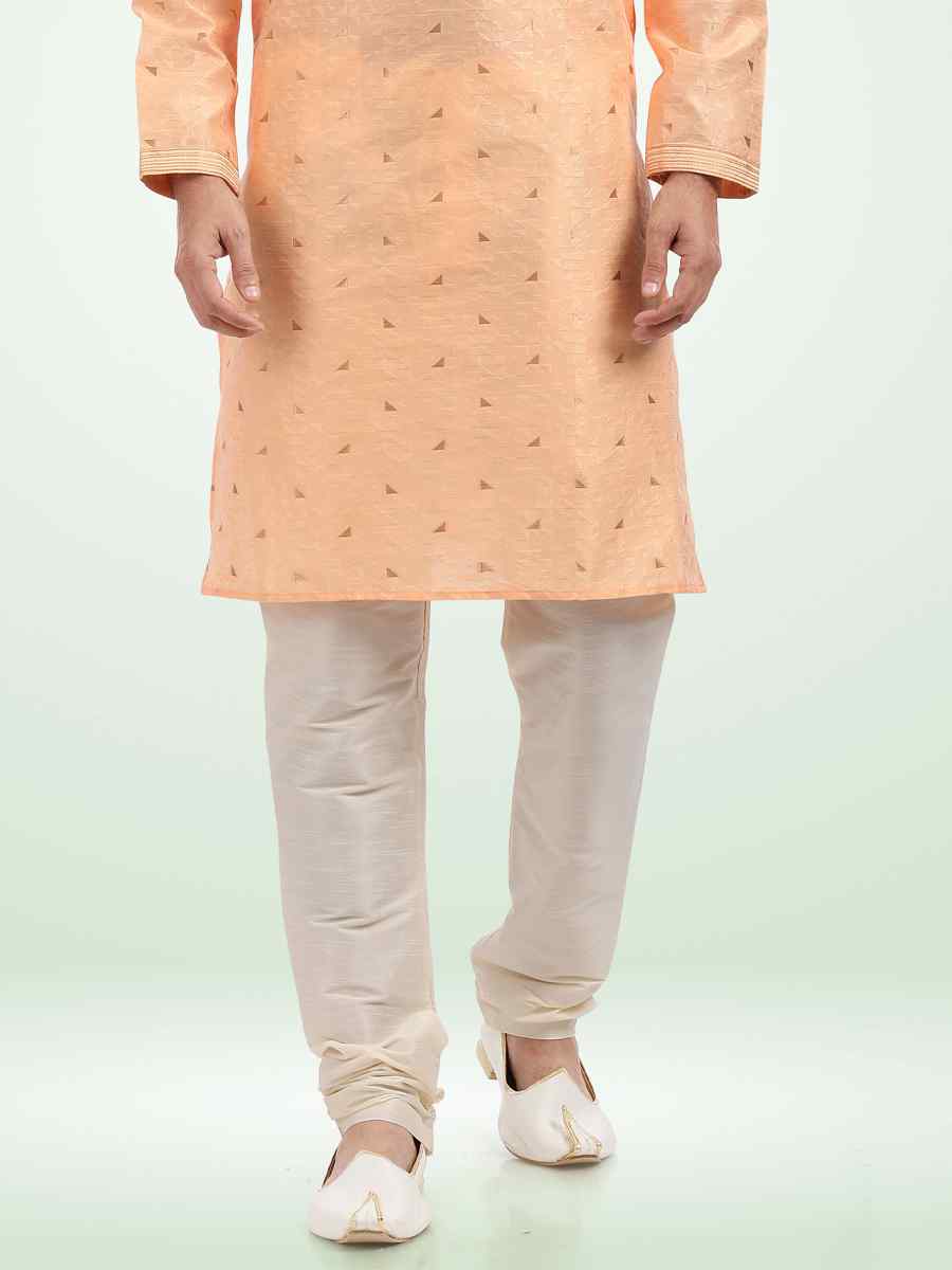 Peach Jacquard Banarasi Silk Woven Festival Party Kurta