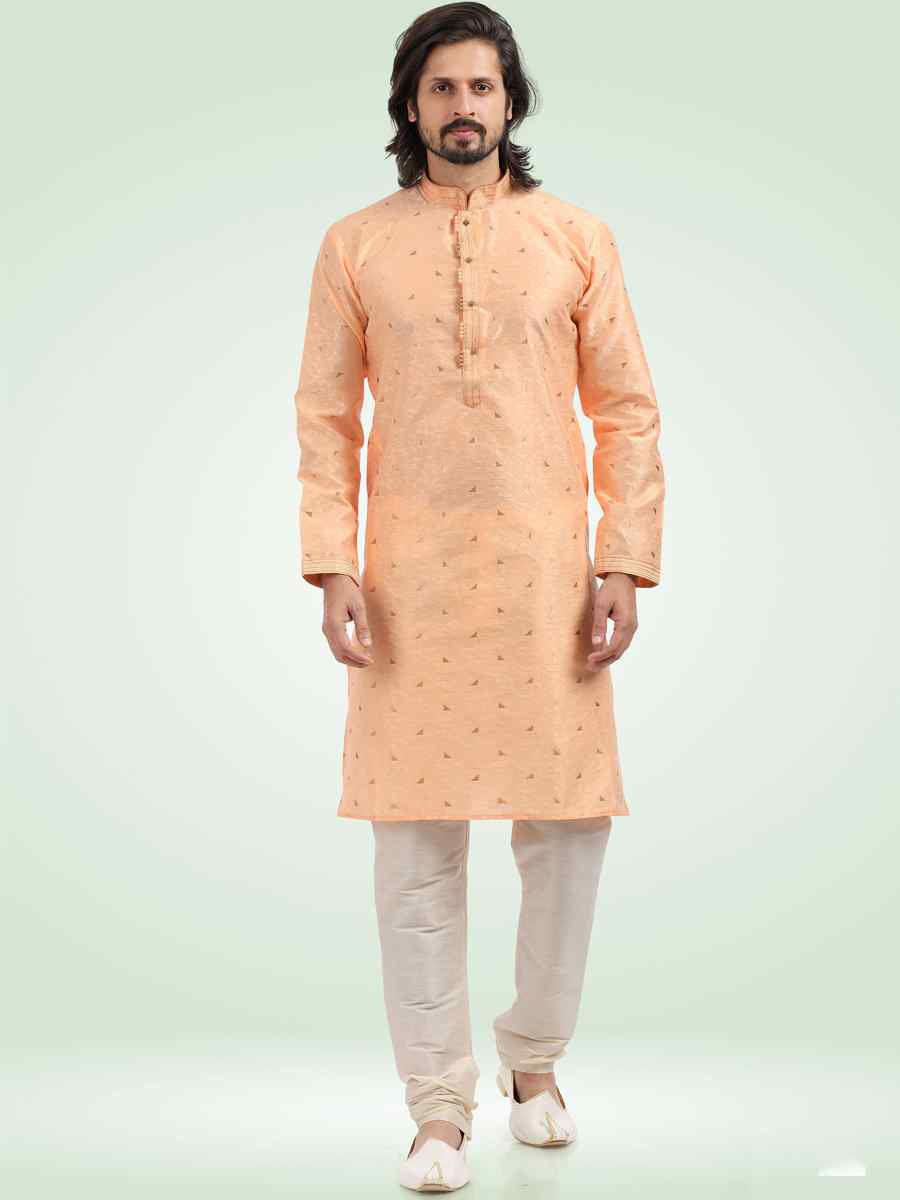 Peach Jacquard Banarasi Silk Woven Festival Party Kurta