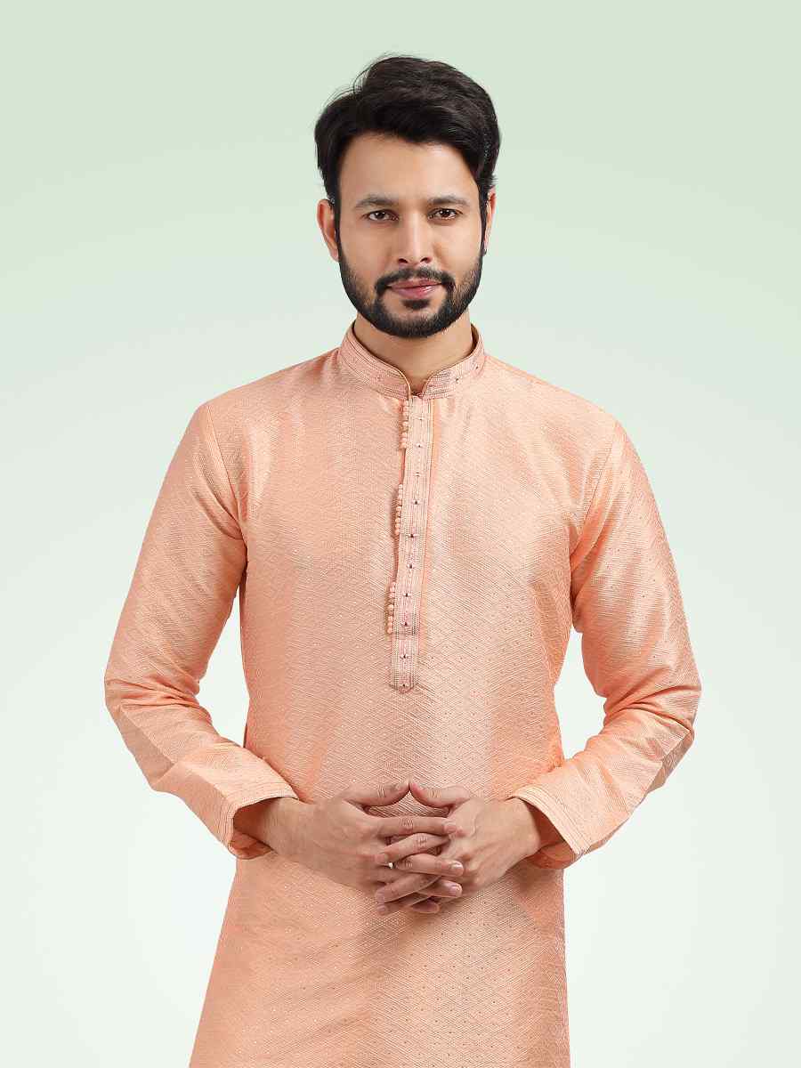 Peach Jacquard Banarasi Silk Woven Festival Party Kurta