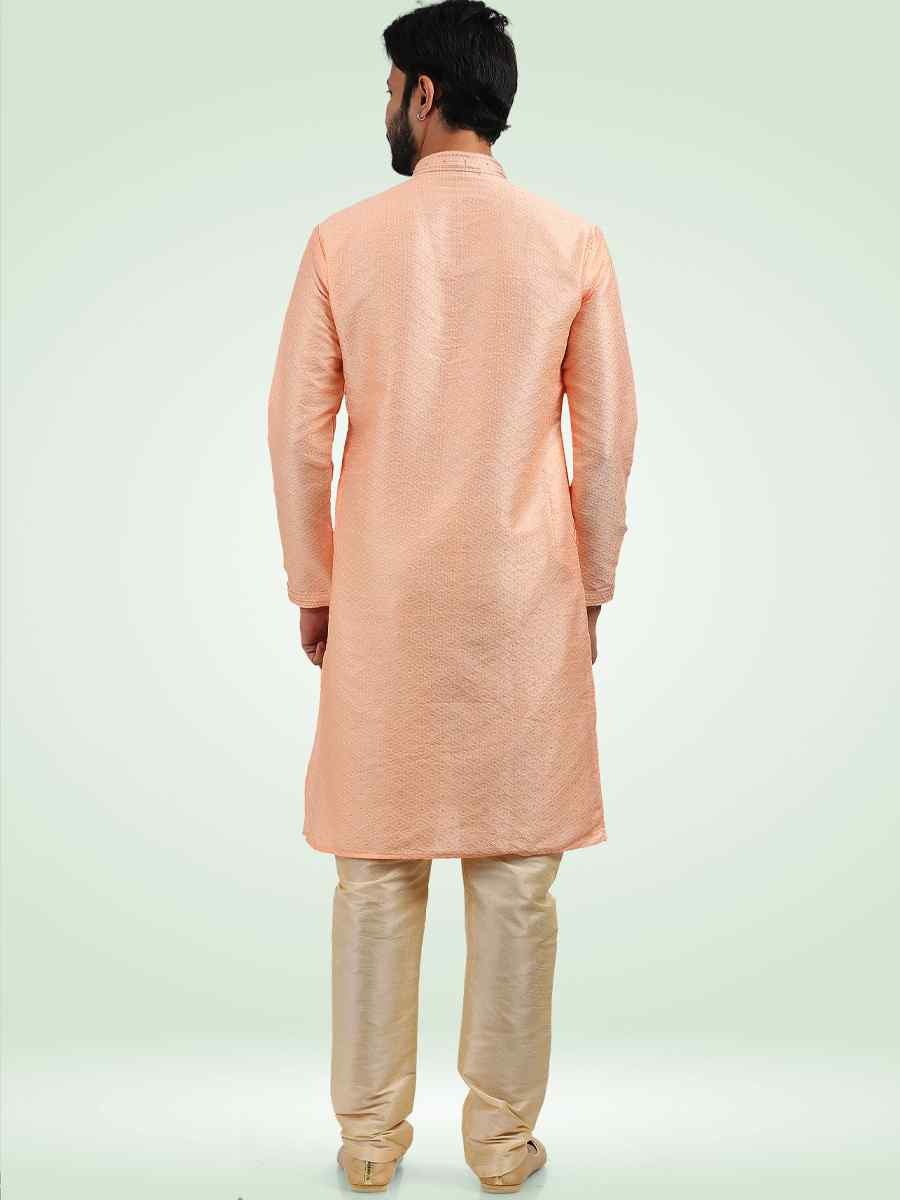 Peach Jacquard Banarasi Silk Woven Festival Party Kurta