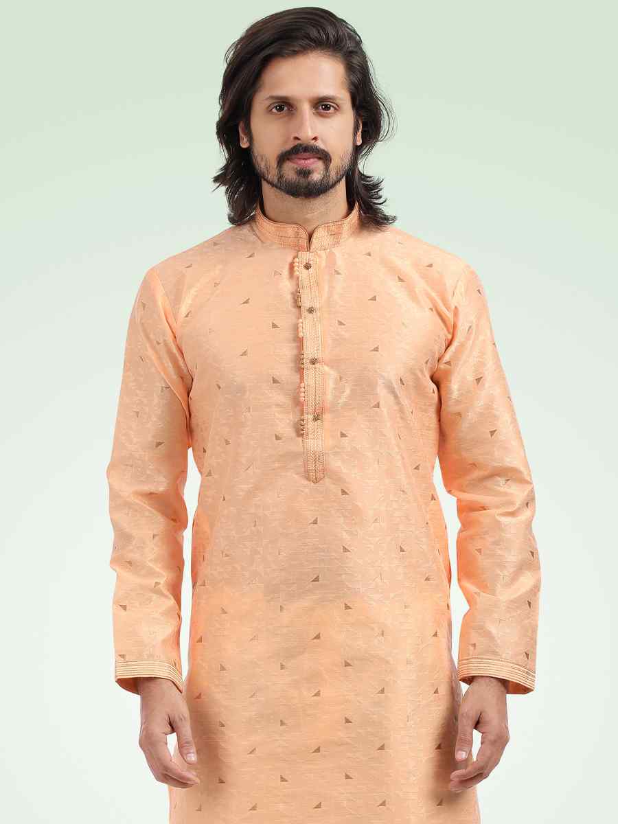 Peach Jacquard Banarasi Silk Woven Festival Party Kurta