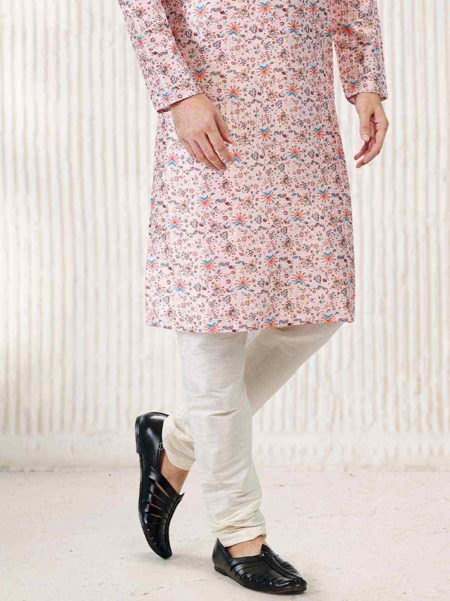 Peach Jacquard Banarasi Silk Woven Festival Wedding Kurta