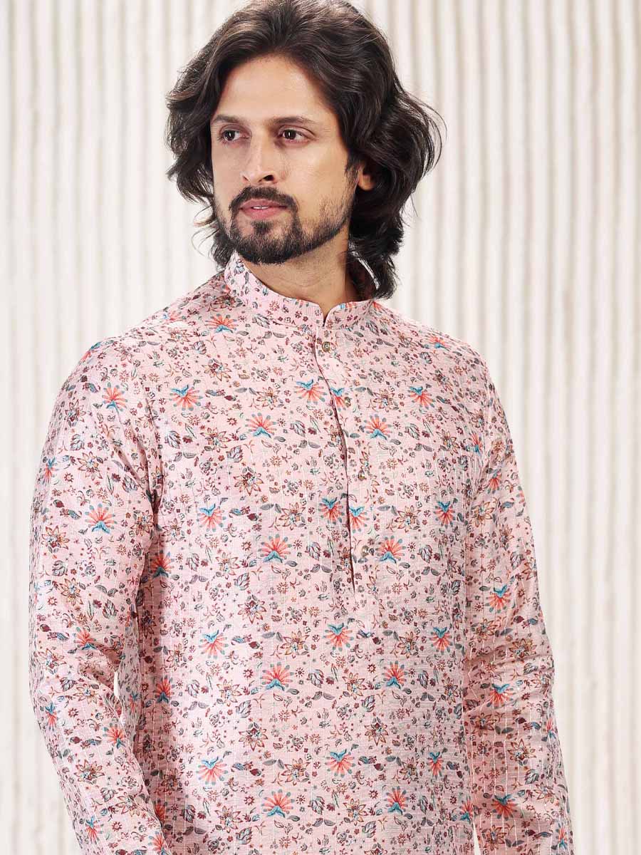 Peach Jacquard Banarasi Silk Woven Festival Wedding Kurta