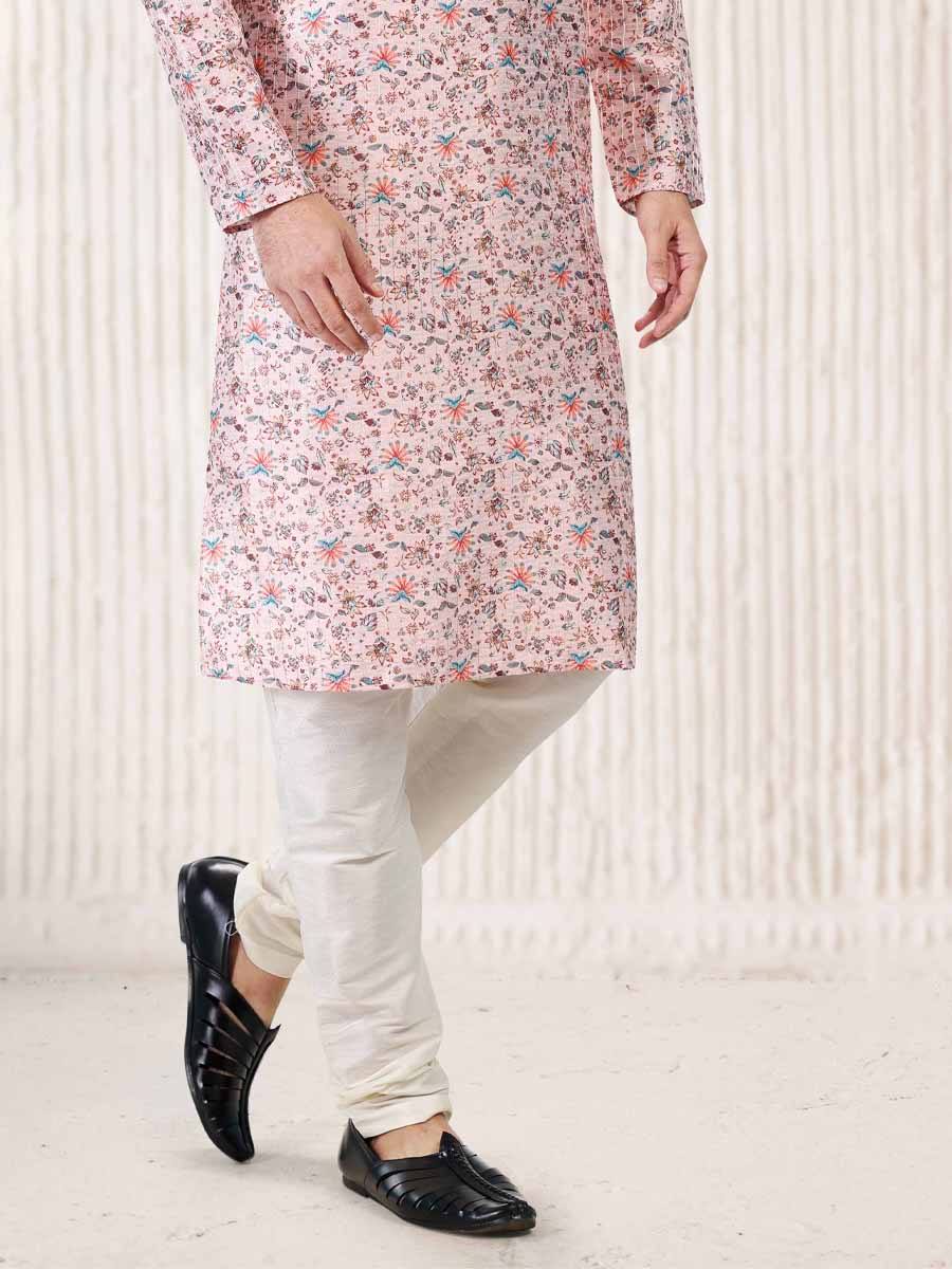 Peach Jacquard Banarasi Silk Woven Festival Wedding Kurta