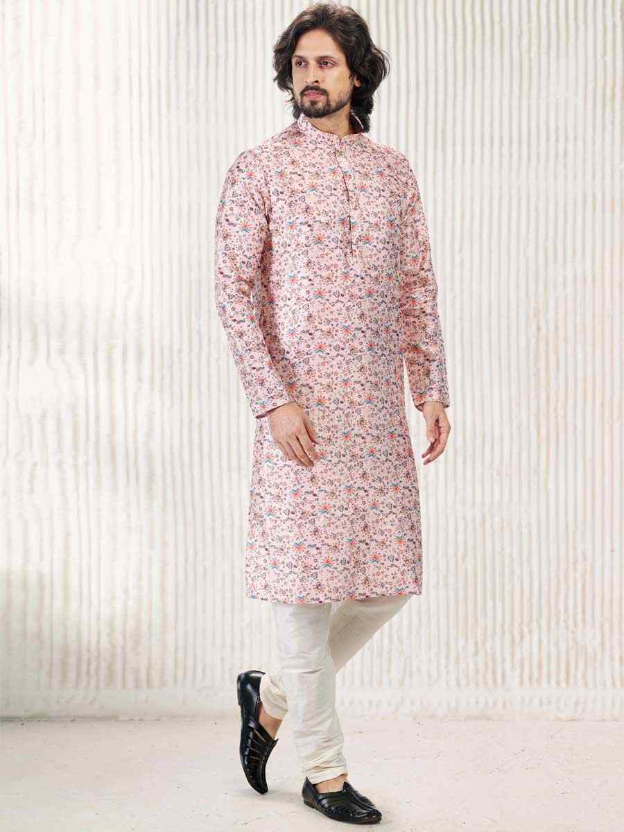 Peach Jacquard Banarasi Silk Woven Festival Wedding Kurta