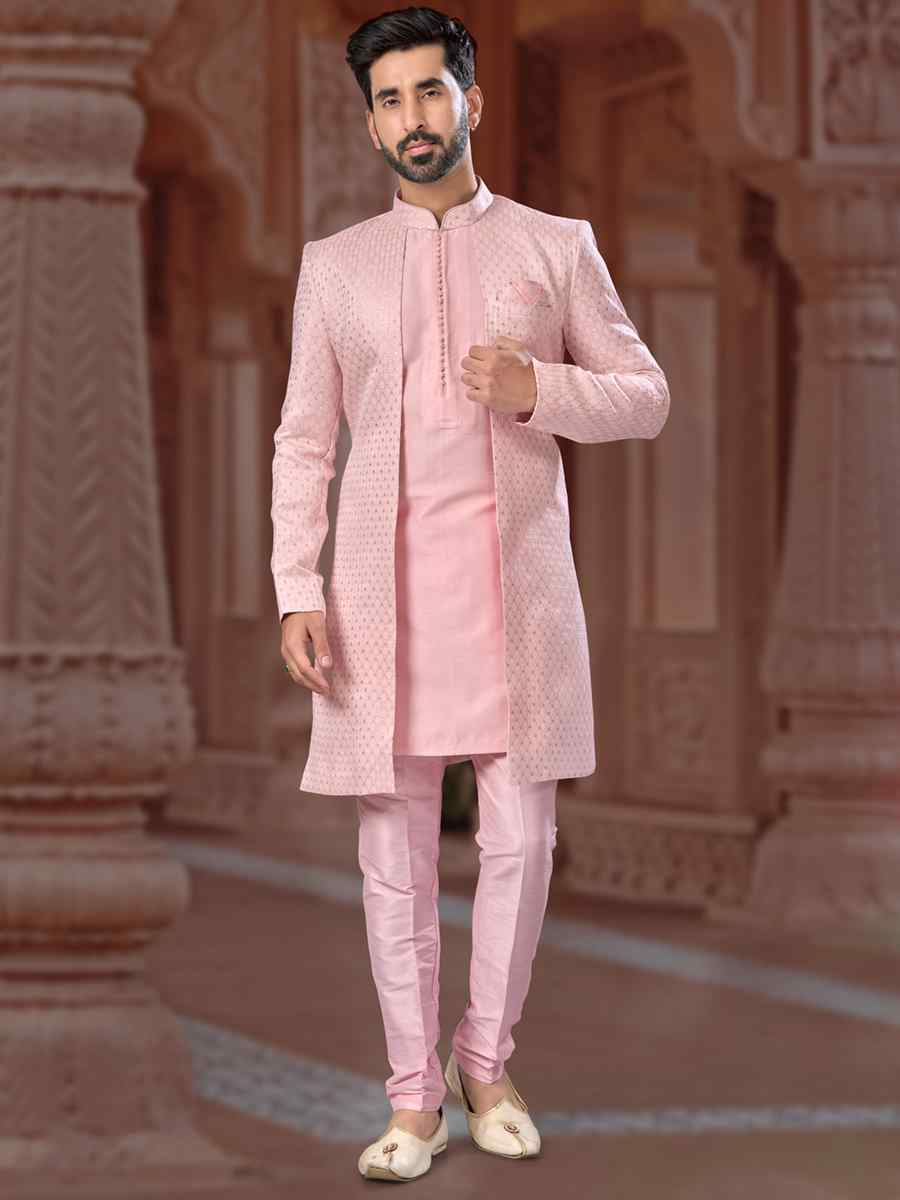 Peach Jacquard Embroidered Groom Wedding Sherwani