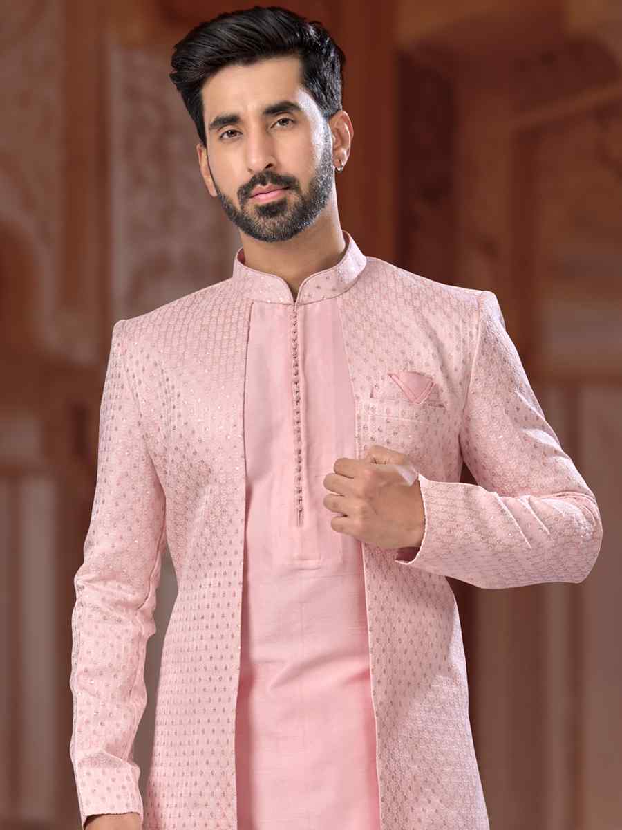 Peach Jacquard Embroidered Groom Wedding Sherwani