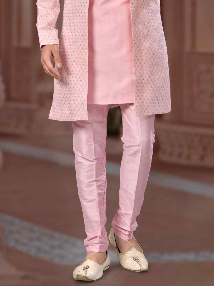 Peach Jacquard Embroidered Groom Wedding Sherwani