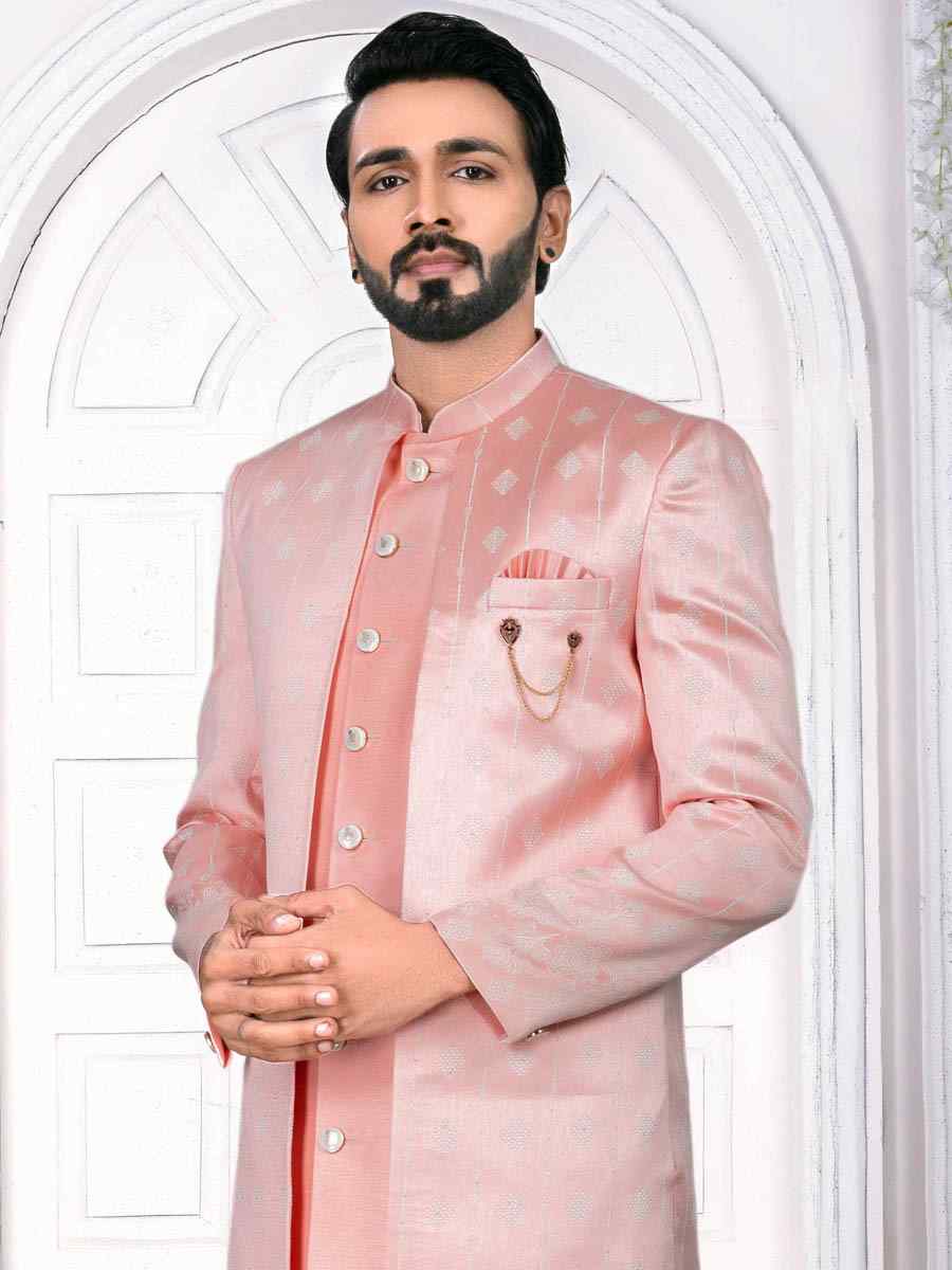 Peach Jacquard Embroidered Wedding Groom Sherwani