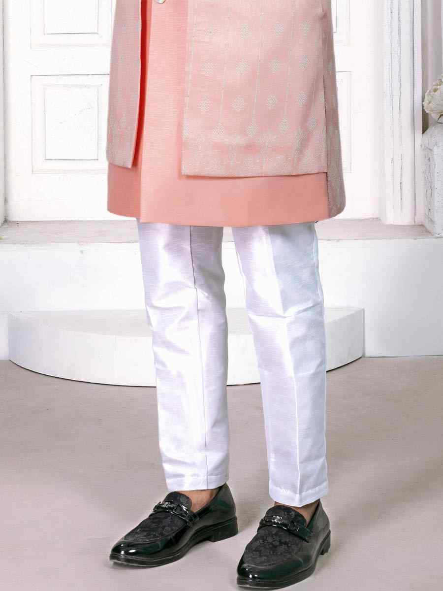 Peach Jacquard Embroidered Wedding Groom Sherwani