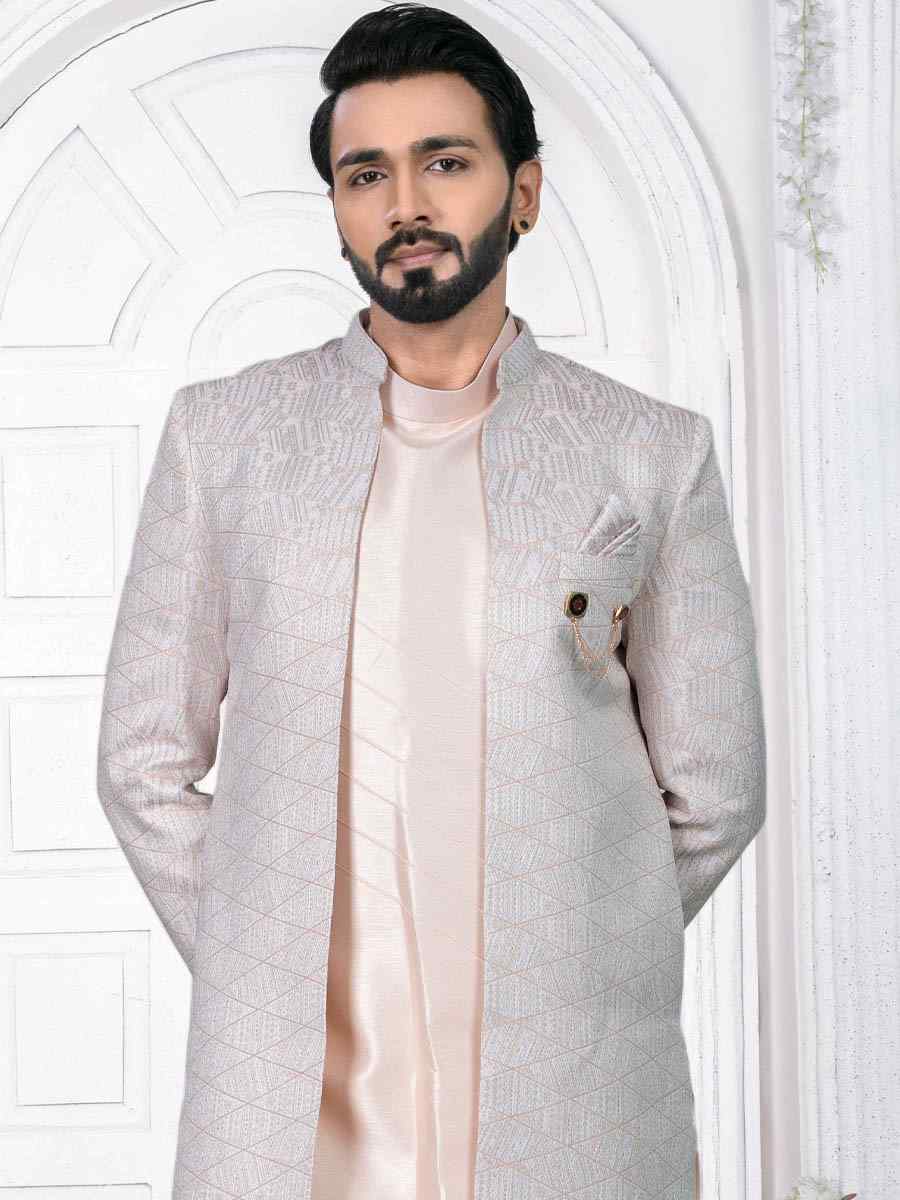 Peach Jacquard Embroidered Wedding Groom Sherwani
