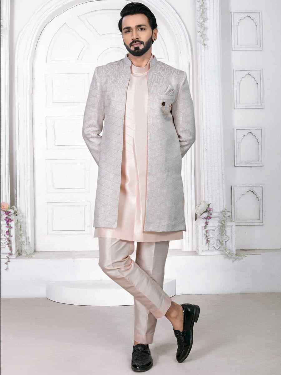 Peach Jacquard Embroidered Wedding Groom Sherwani