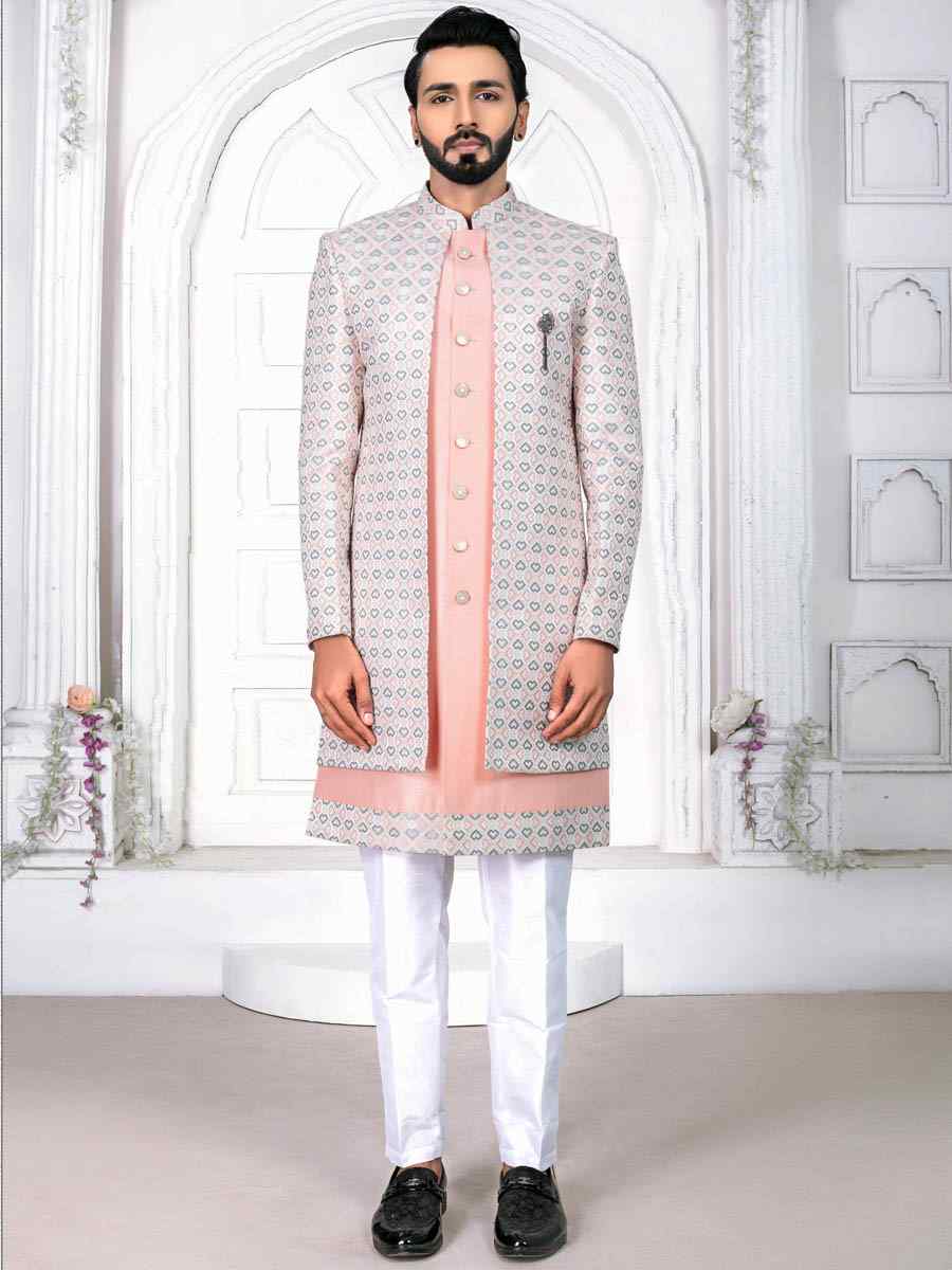 Peach Jacquard Embroidered Wedding Groom Sherwani