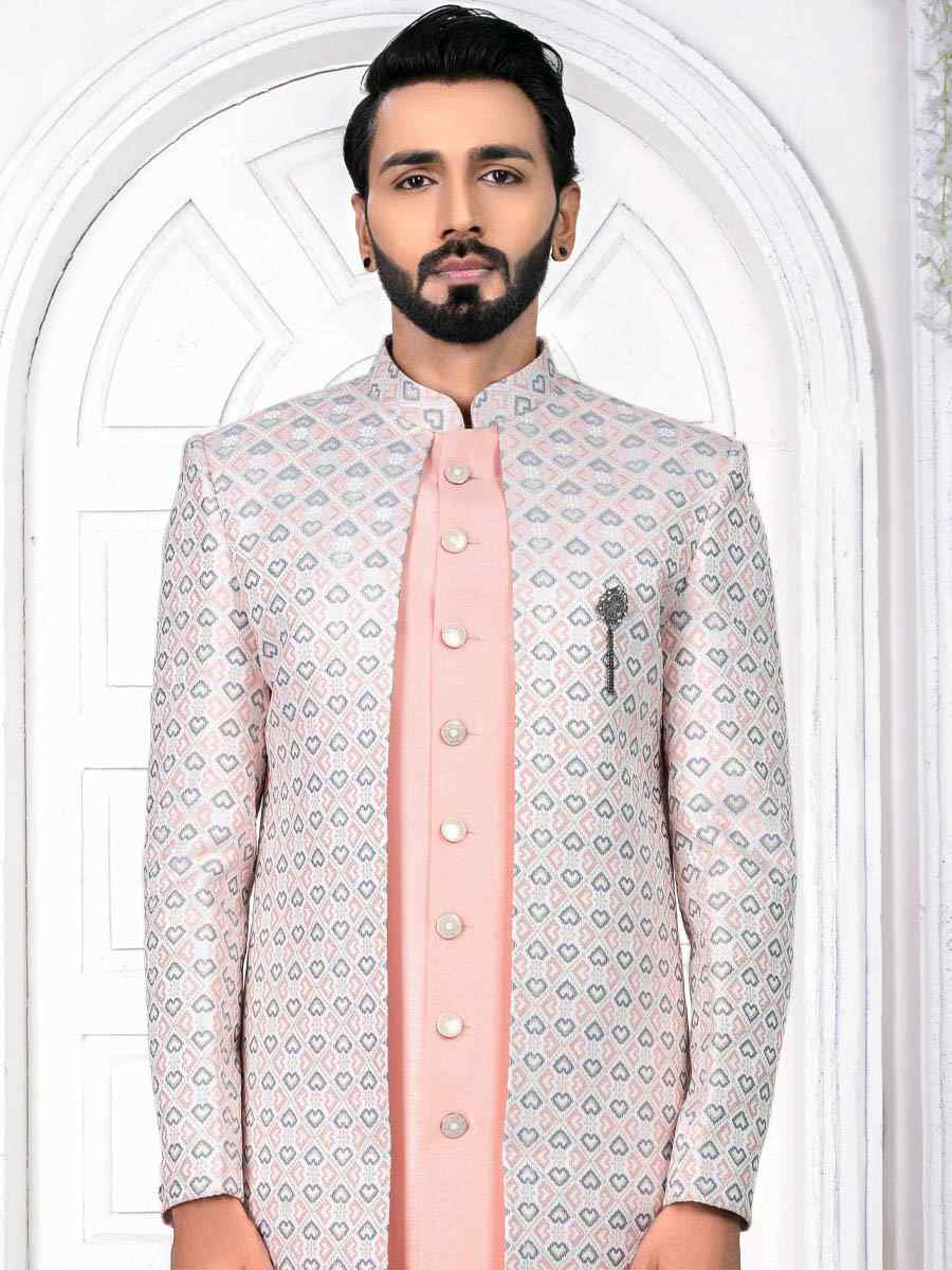 Peach Jacquard Embroidered Wedding Groom Sherwani