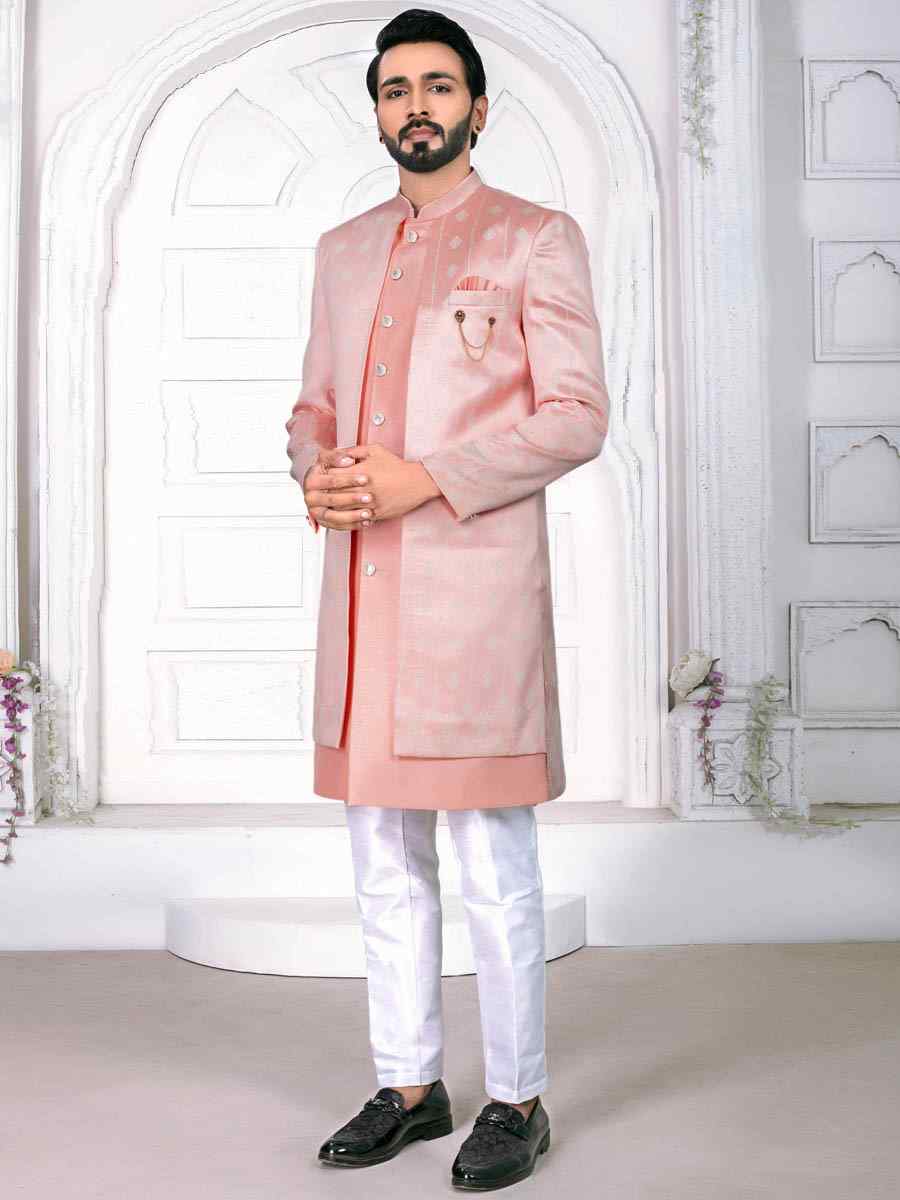 Peach Jacquard Embroidered Wedding Groom Sherwani