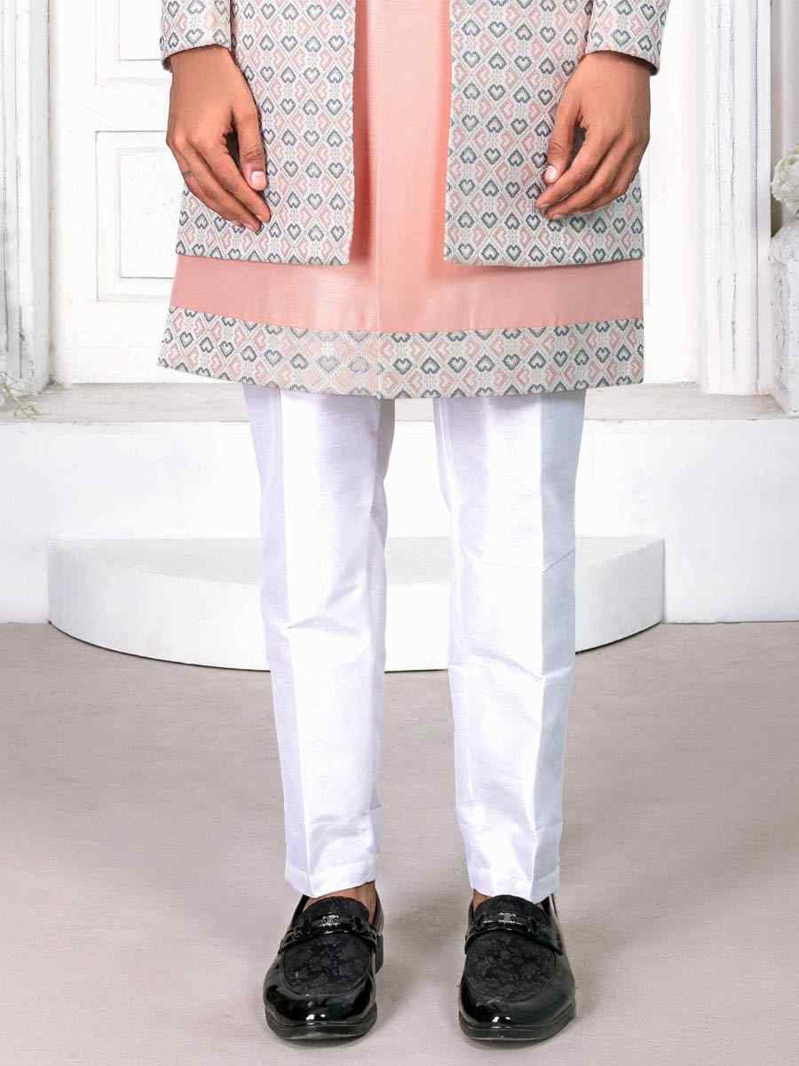 Peach Jacquard Embroidered Wedding Groom Sherwani