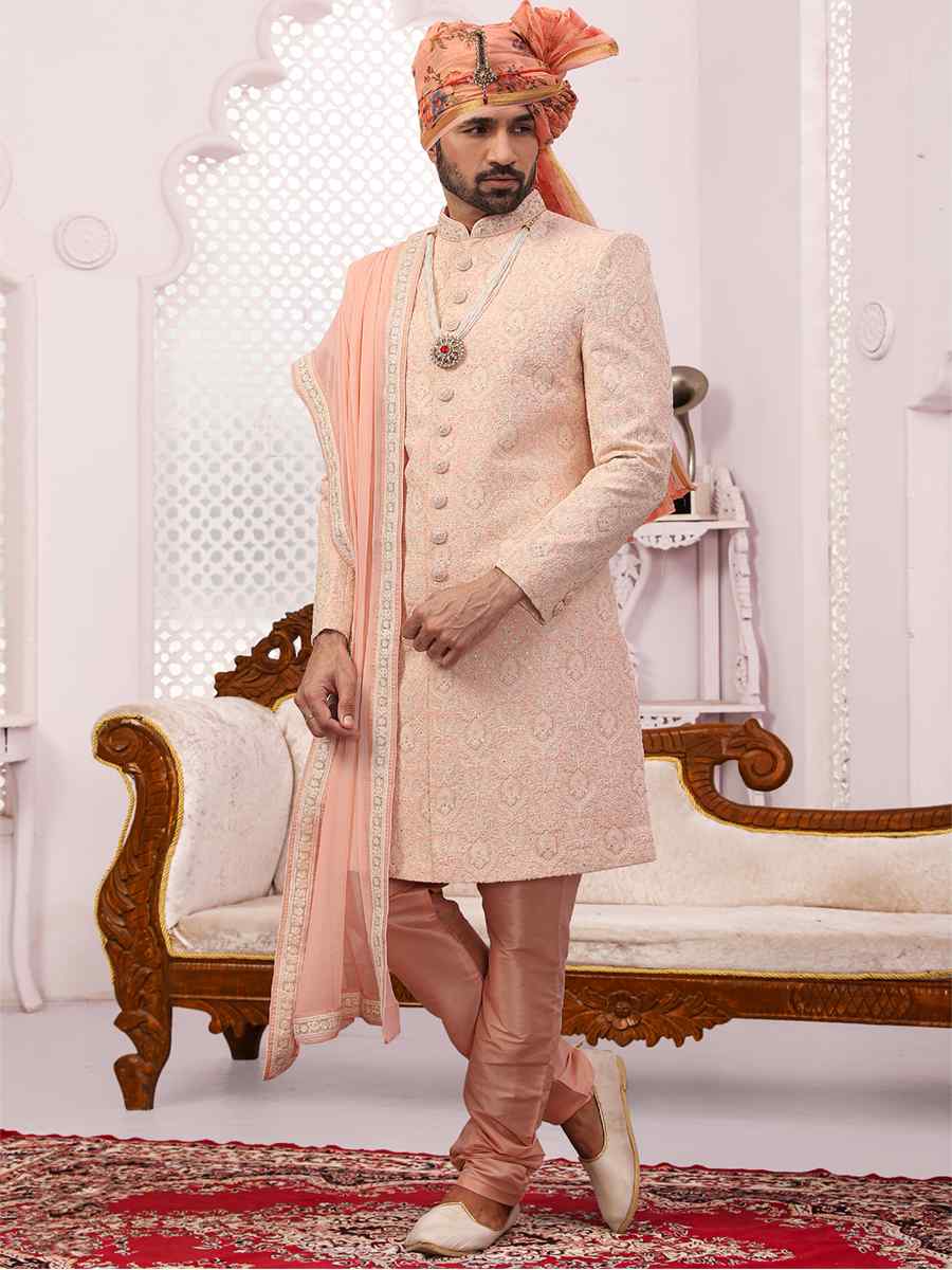 Peach Jacquard Lukhnavi Embroidered Wedding Groom Sherwani