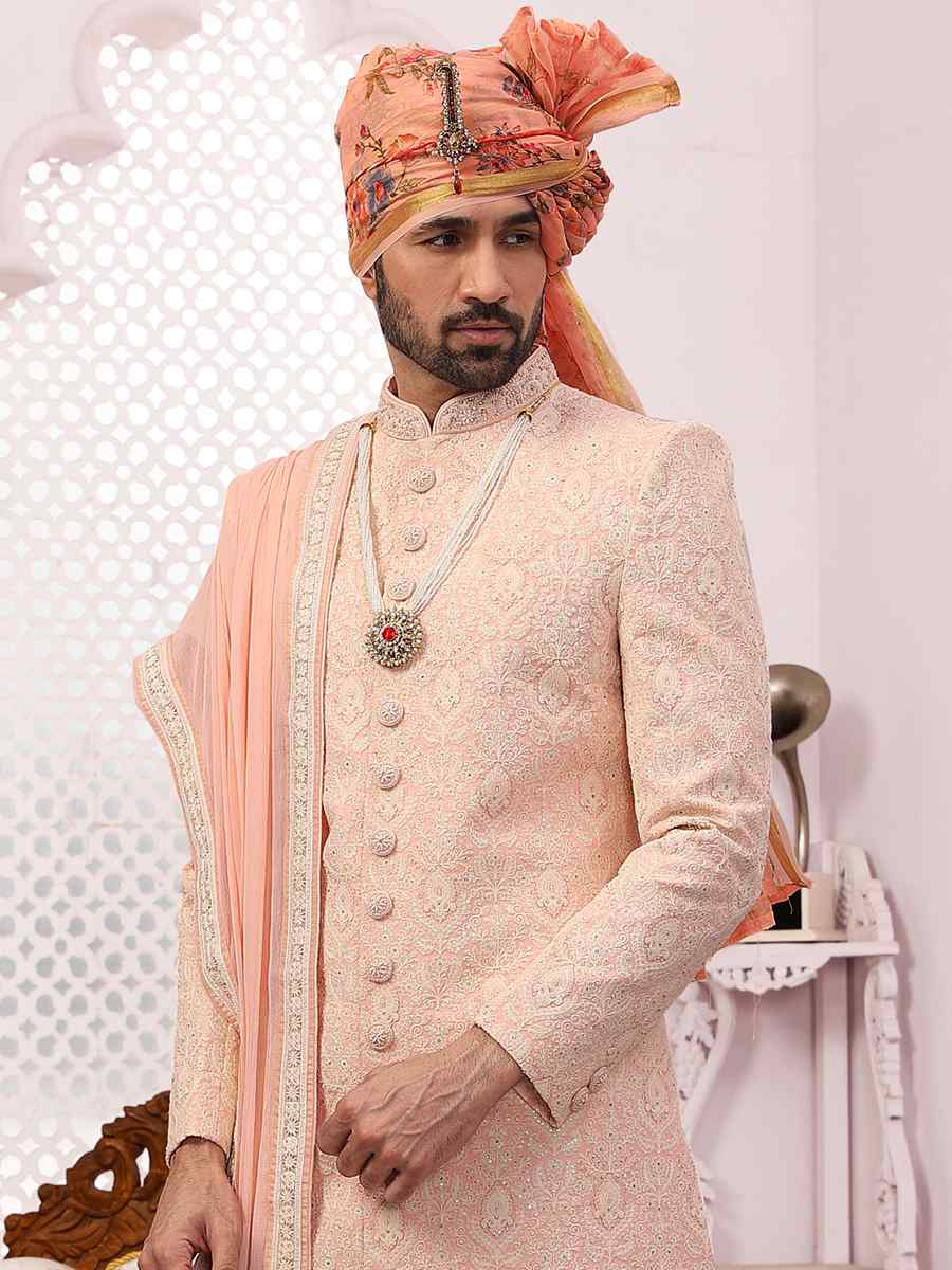 Peach Jacquard Lukhnavi Embroidered Wedding Groom Sherwani