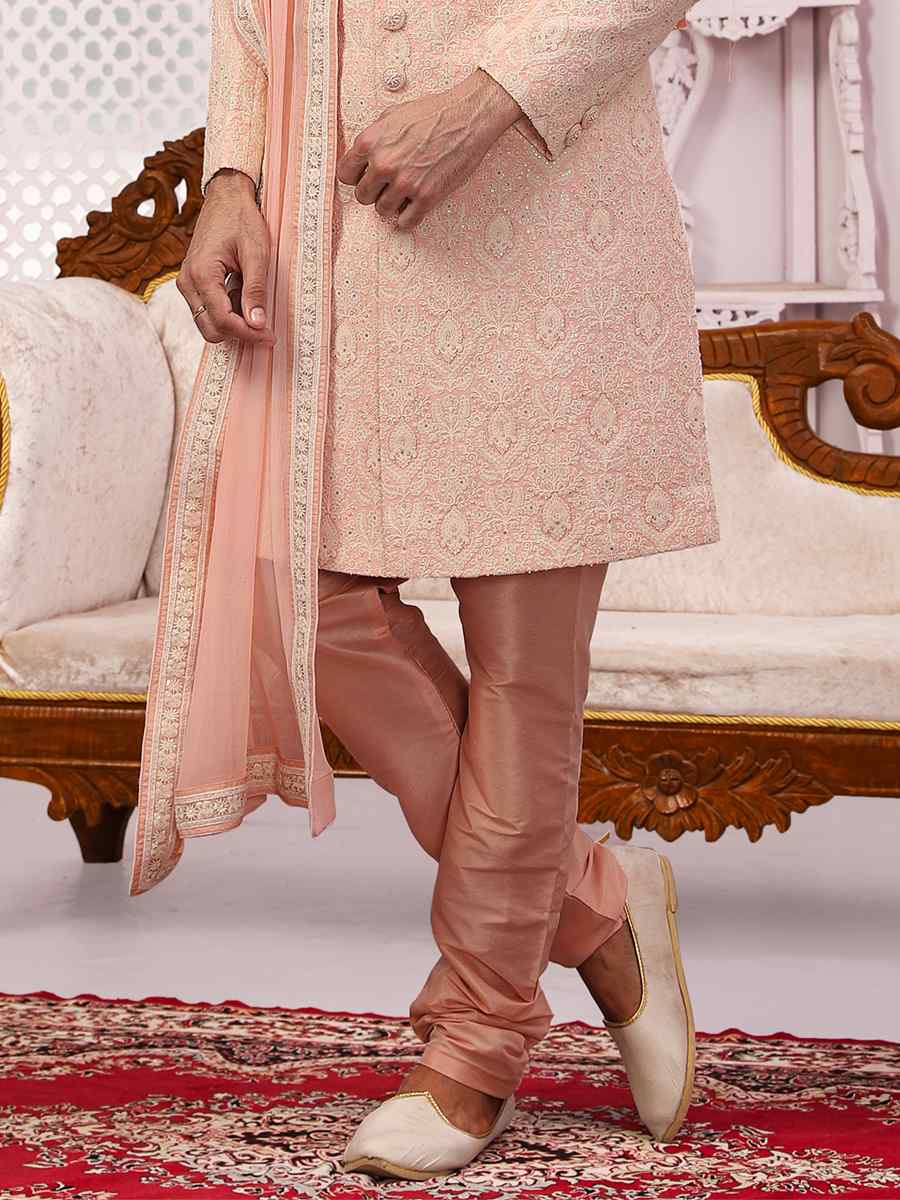 Peach Jacquard Lukhnavi Embroidered Wedding Groom Sherwani