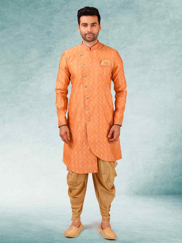 Peach Jacquard Silk Brocade Cutwork Party Wedding Kurta