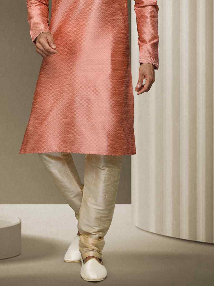 Peach Jacquard Silk Brocade Woven Party Kurta