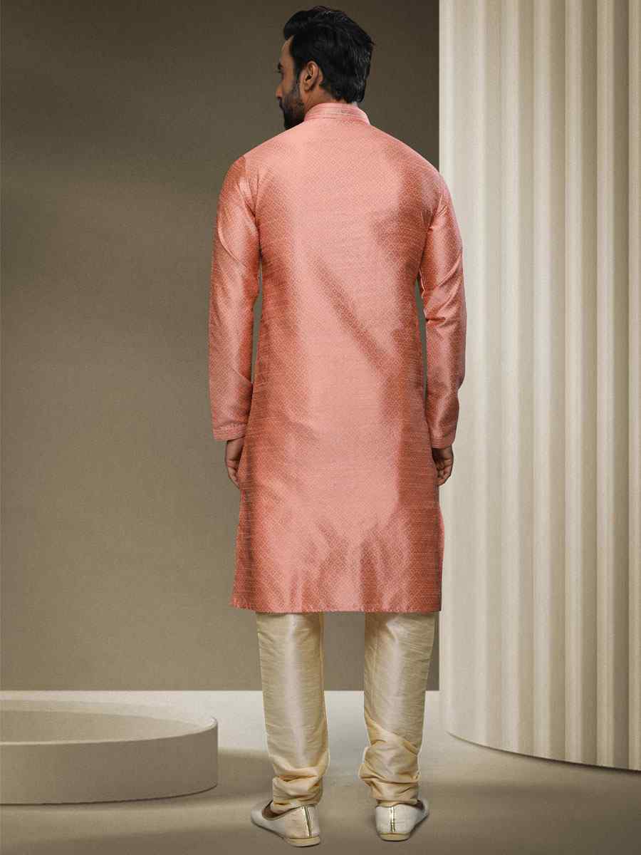 Peach Jacquard Silk Brocade Woven Party Kurta