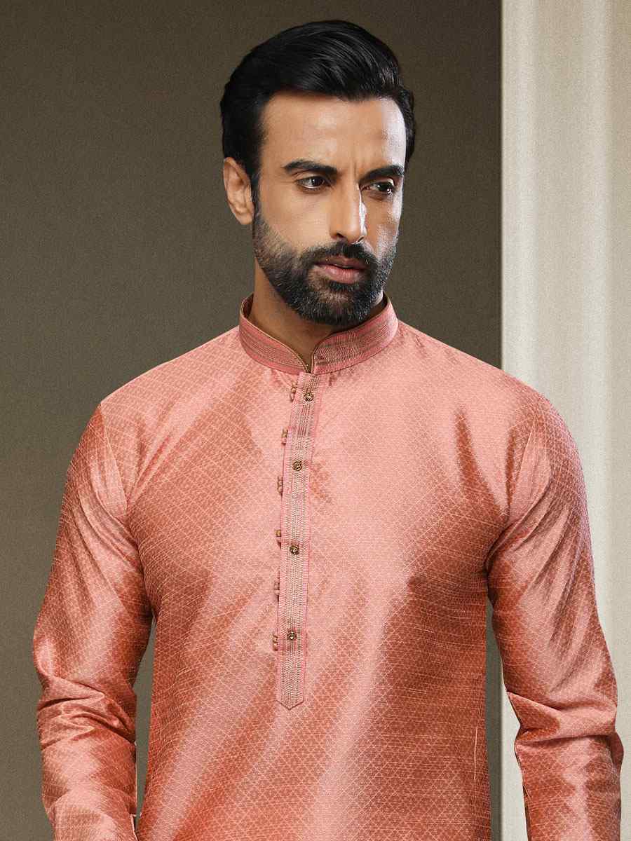 Peach Jacquard Silk Brocade Woven Party Kurta