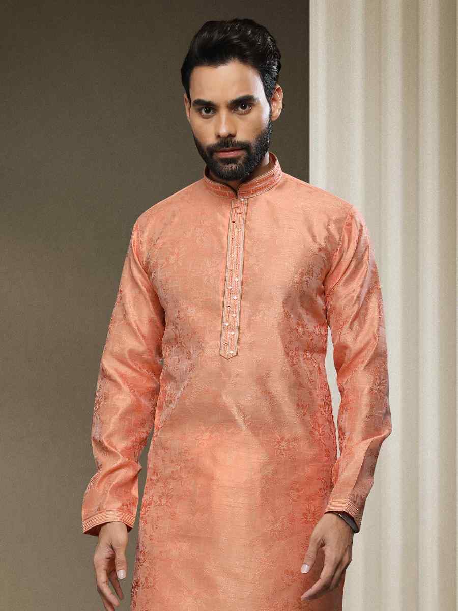 Peach Jacquard Silk Brocade Woven Party Kurta