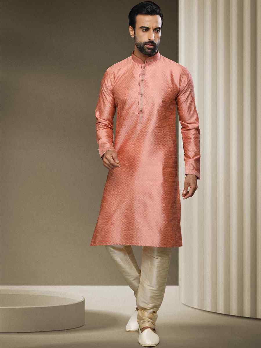 Peach Jacquard Silk Brocade Woven Party Kurta