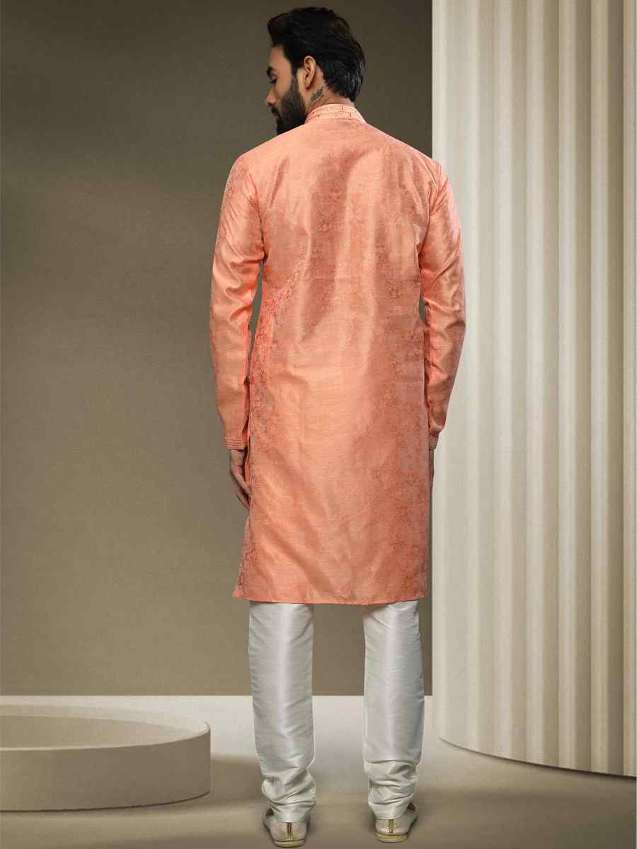 Peach Jacquard Silk Brocade Woven Party Kurta