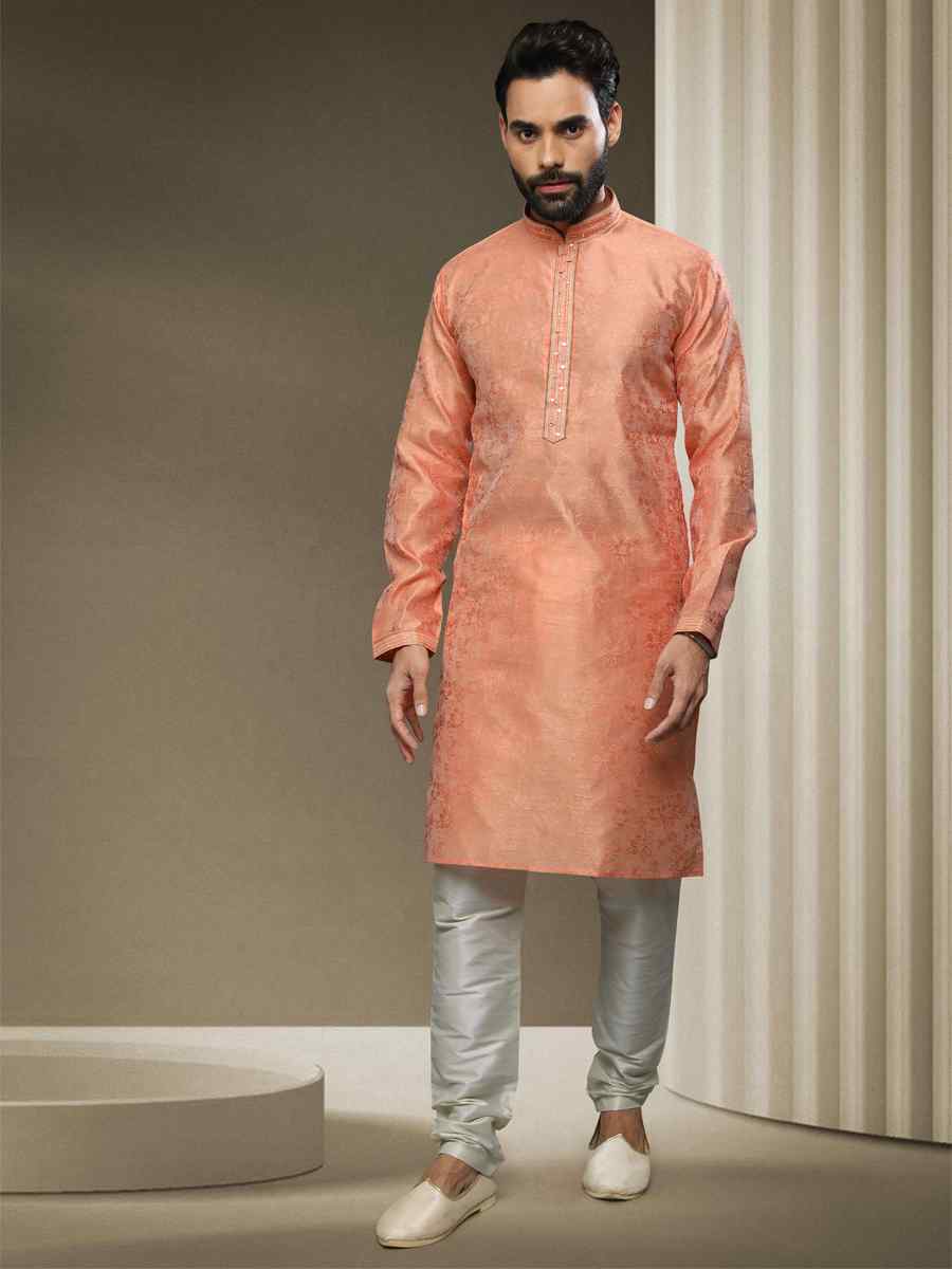 Peach Jacquard Silk Brocade Woven Party Kurta