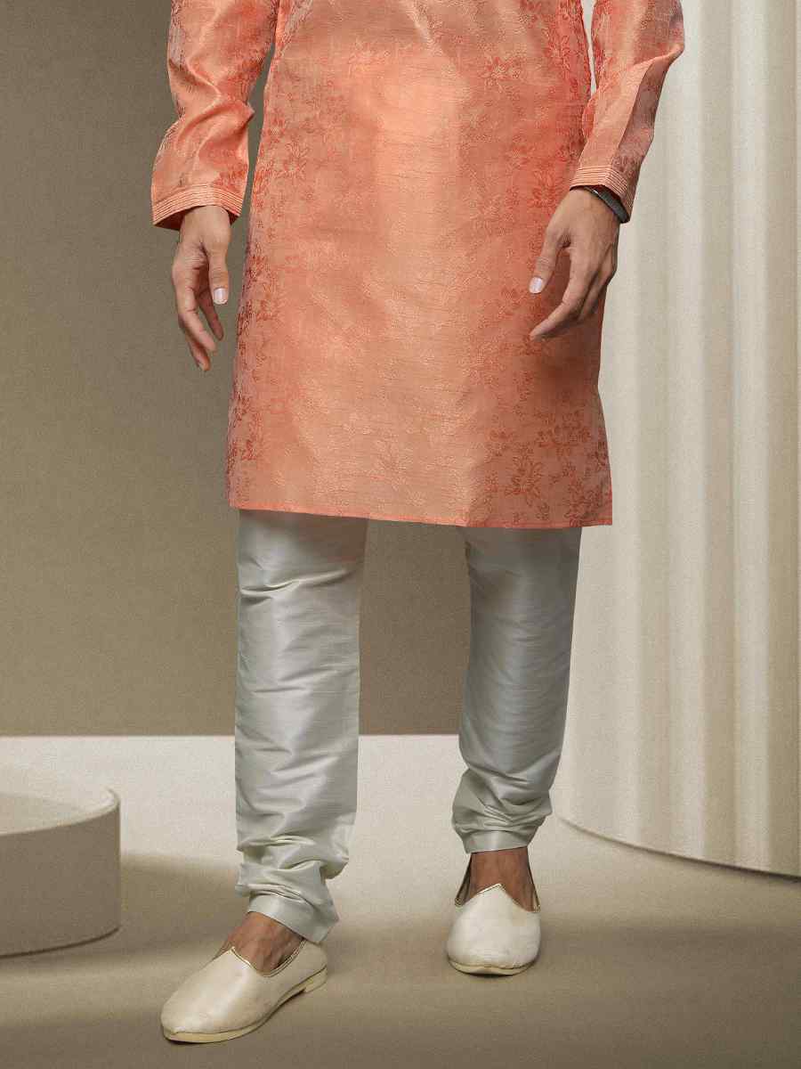 Peach Jacquard Silk Brocade Woven Party Kurta